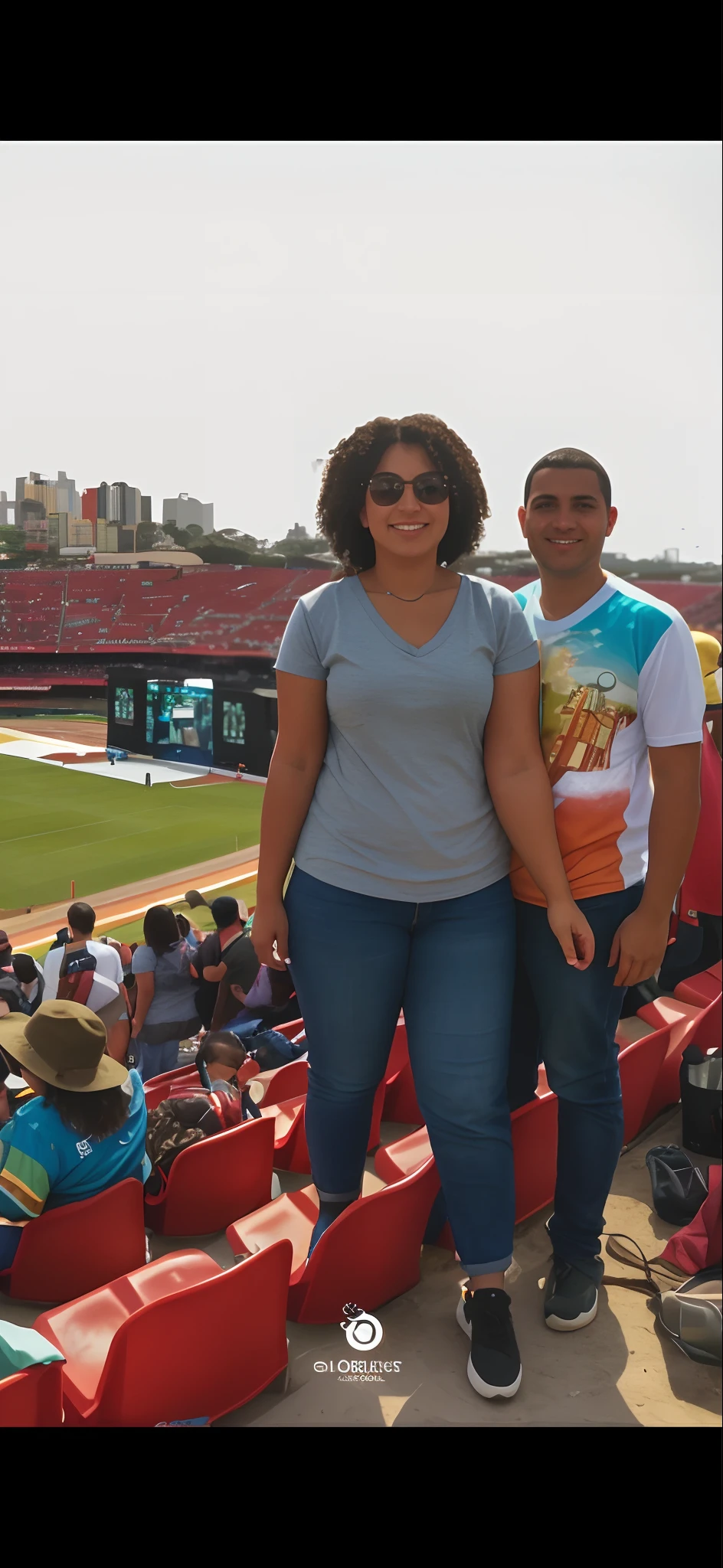 There are two people standing in a stadium with a crowd, standing in a stadium, stadium full of people, belos arredores, bela vista, lindo dia ensolarado, vacation photo, em campo, Belas vistas, stadium setting, na copa do mundo, Directed by: Daniel Lieske, em um campo de futebol, football stadium, In Sao Paulo, 4 k post, Postagem 4k estilo pixar /Disney