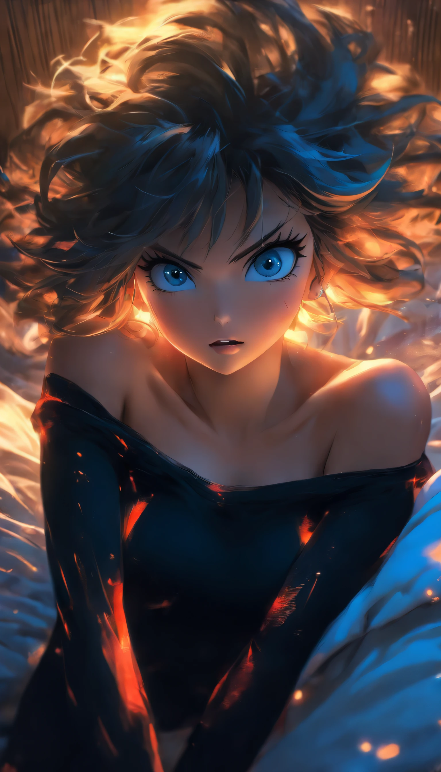 super cute girl wear black off shoulder clothes and black panties, sit on bed, sexy, medium breasts, medium hair, black hair, messy hair, hair over eyes, blue eyes, blush, embarassed, mouth open, extremely detailed, cinematic lighting, 8k, hdr, ultra realistic, from above, (masterpiece, extremely detailed eyes: 1.2)