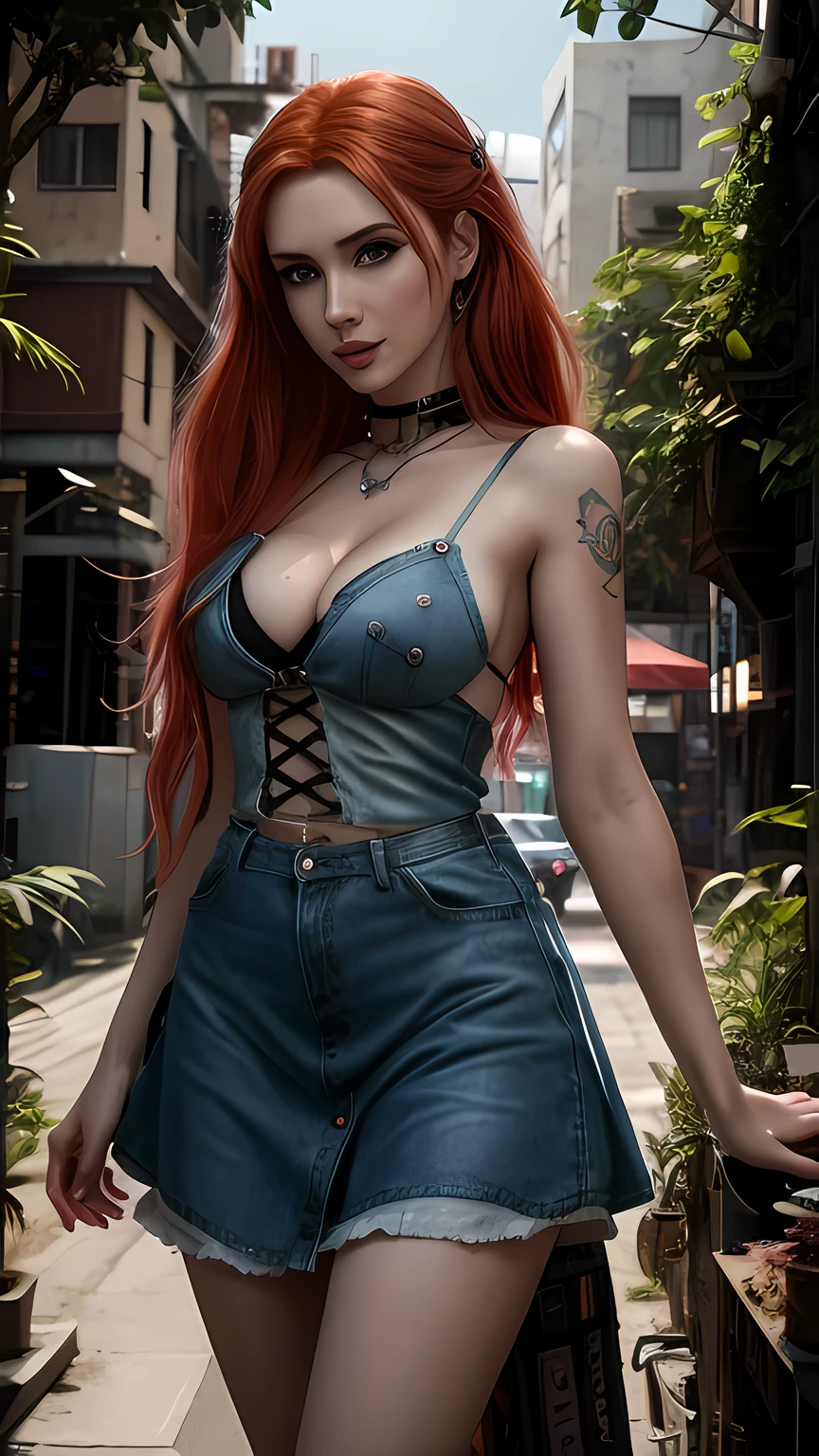 Close-up of woman with red hair in denim dress, amouranth, better known as amouranth, cyberpunk 2 0 y. o model girl, beautiful cyberpunk woman model, cyberpunk atmosphere, Sexy girl, redhead girl, very sexy outfit, cyberpunk beautiful girl, Cyberpunk outfit, realistic cosplay, anime girl in real life, Very realistic