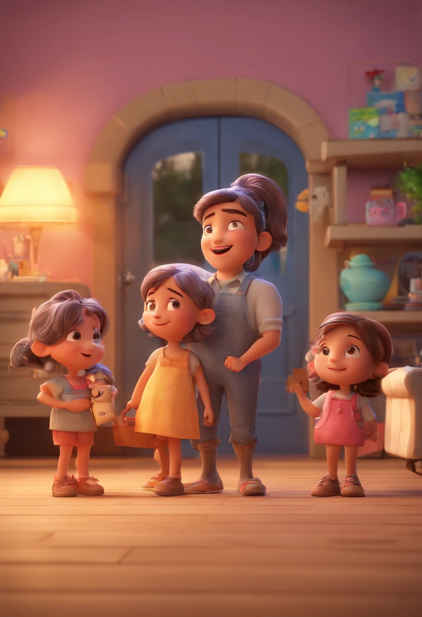 Estilo Pixar: Familia, Um pai, A mother and two girls. Uma menino de 6 anos e outro de 2 anos . Uma fazenda com vacas lindas e marrom .