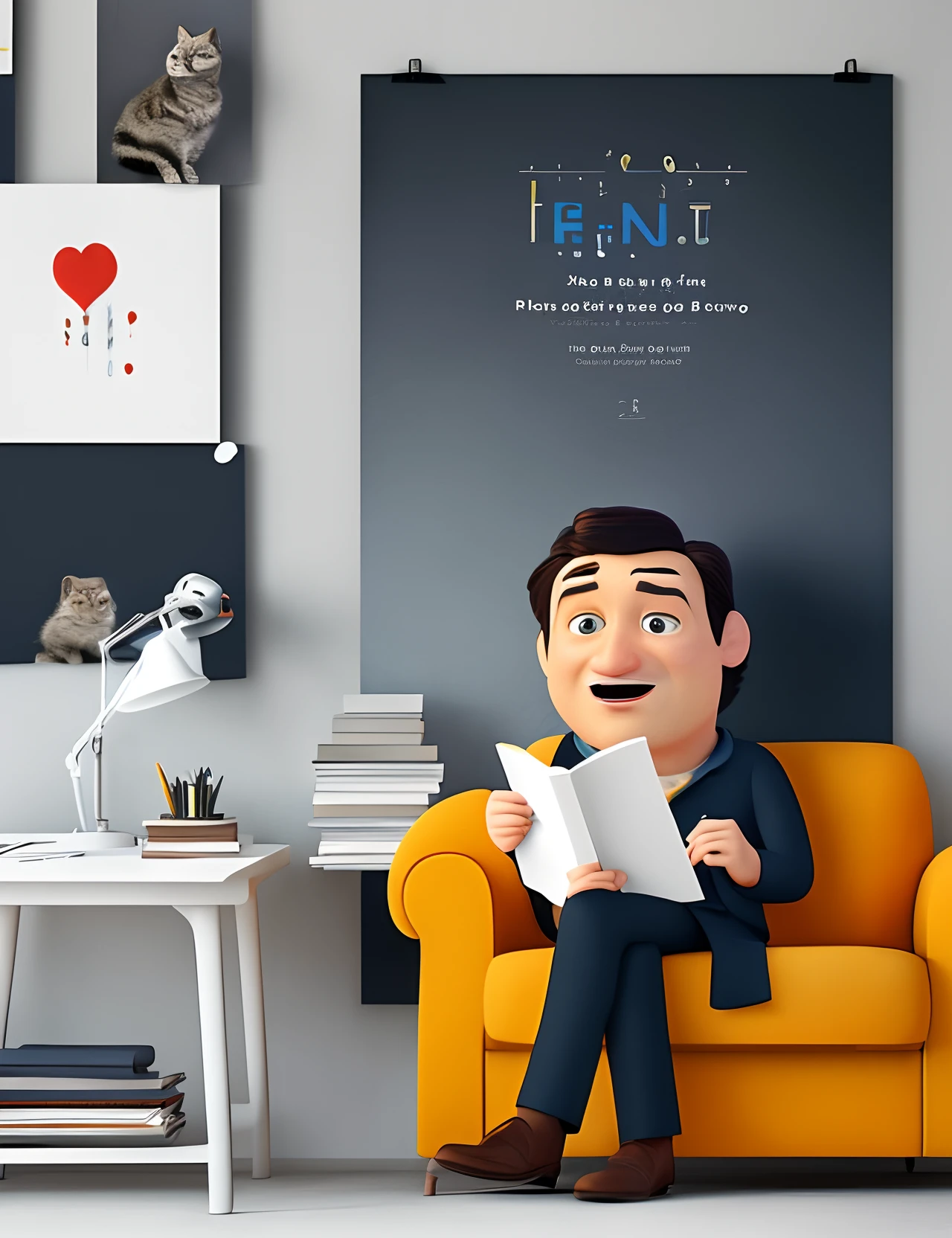 Create a Disney Pixar-inspired poster with the character being a psychologist in his office reading a book about emotions on his desk and next to him his gray cat with white spots