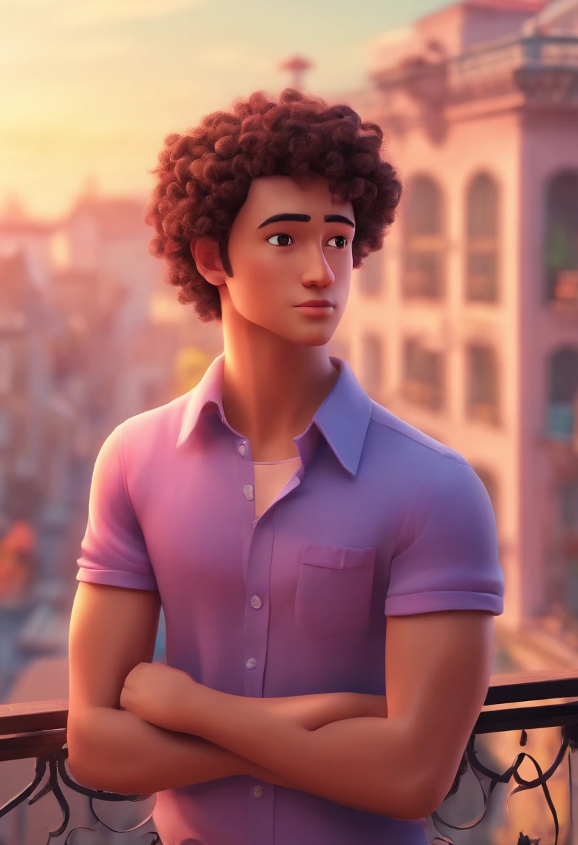An illustration of a young man, Highlight for a young man with curly hair crossing his arms wearing a pink Portuguese collared shirt. Illustrate this scene from a perspective where he is facing the camera of a phone stored on a balcony. Desenvolva esta arte em Full HD, Focus on your cinematic touch, Estilo Disney Pixar Animations