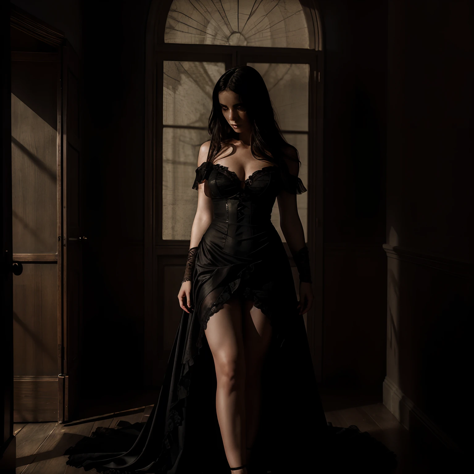 In the dimly lit room, a gothic beauty emerges, her full body adorned in an impressive dress with exposed shoulders. The subtle shadows and cool lighting create a seductive and captivating atmosphere.