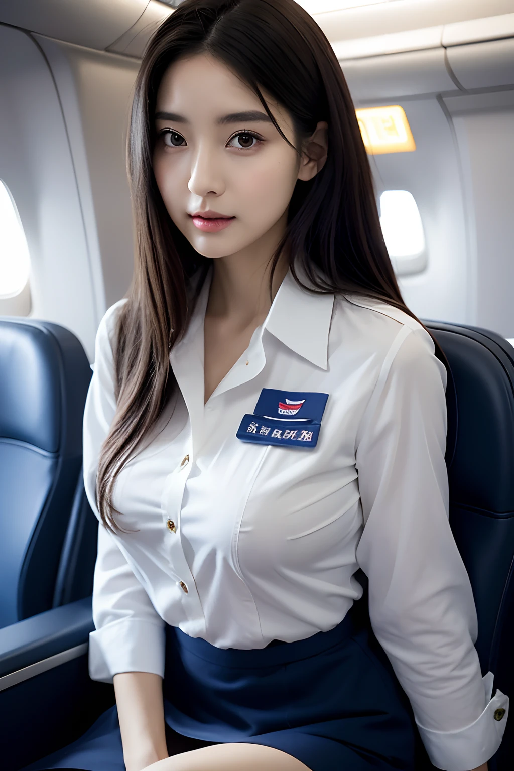 (in 8K、Raw photography、Highest Quality、realisitic、Photorealsitic、Professional Lighting、​masterpiece、extremely delicate and beautiful、Highly detailed、finely detail、ultra-detailliert、hight resolution、full-shot)、There were several men huddled on the plane、1girl in、One woman in a black suit、Black jacket、white  shirt、a black skirt、Beautiful face:1.5、slim proportions、small tits:2、small tits、Young man in suit、Hug her from behind:1.5、Other young men flipping up skirts、I can see the white panties、Draw in clear detail whose hand it is、Pubic hair is visible、((( are visible)))、Eyes open:3、smil、I'm looking at you、(((Cabin Crew)))、(((On the plane)))、NSFW