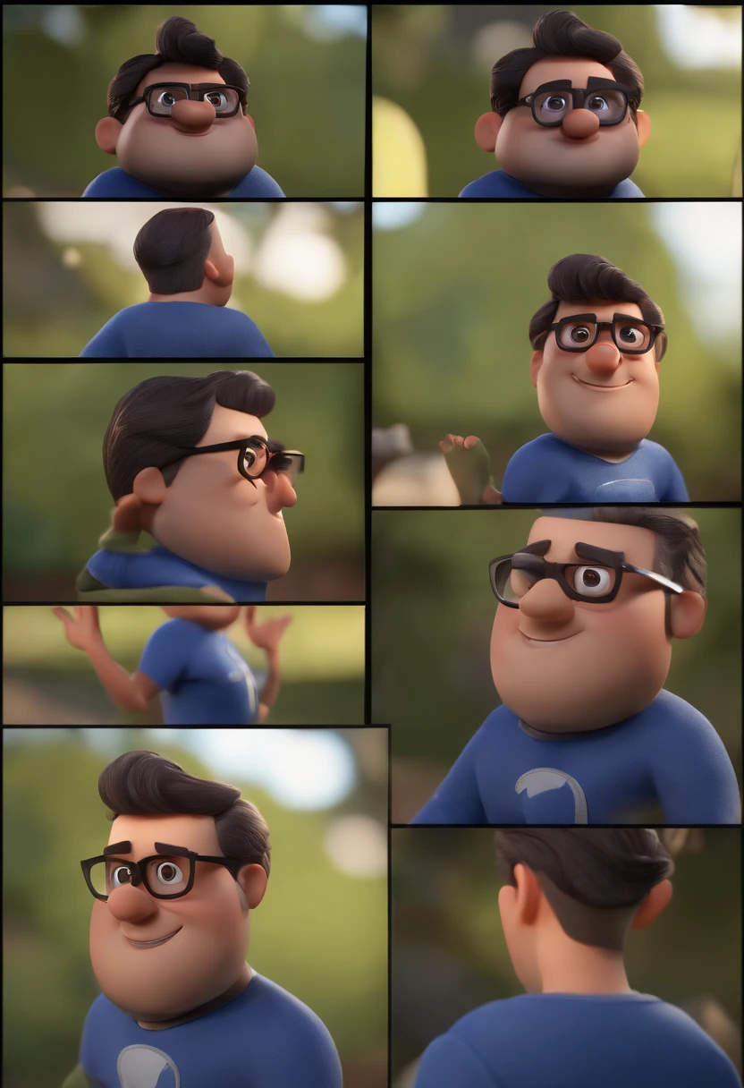 Cartoon character of a man wearing black glasses and a blue shirt, um personagem animado, Caractere estilizado, animation style rendering, 3D estilizado, Arnold Maya render, 3 d render stylized, toon render keyshot, Personagem 3D, Personagem 3D, 3d rendering stylized, 3 d character render, personagem de desenho animado, Personagem de close up, Pose de personagem, (Estilo Pixar) (master part:1.2) (Bokeh) (best quality) (pele detalhada) (textura detalhada) (8k) (argila) (Cinematic lighting) (foco nítido,Senta e vaza a parte superior do corpo