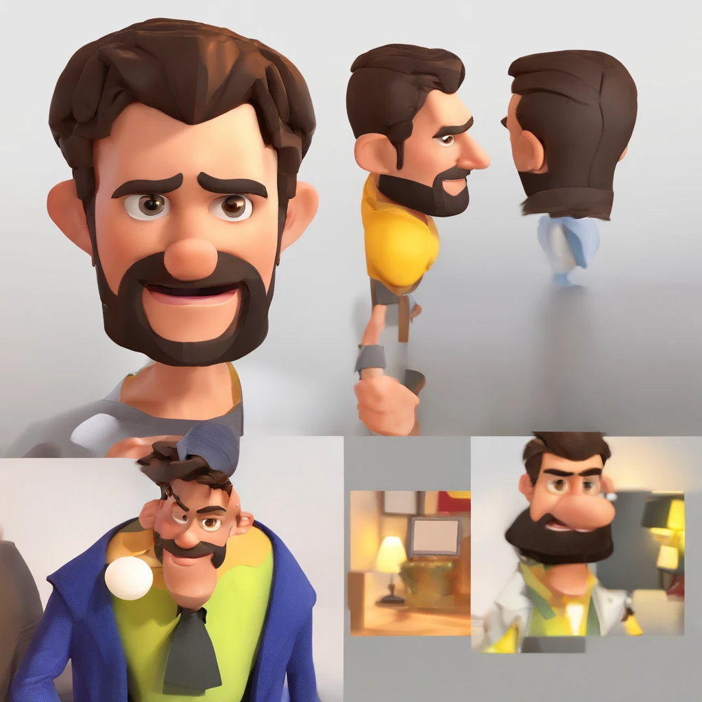 Criar um personagem no estilo Pixar. Trata-se de um homem de 30 anos, com barba, Branco, com cabelos castanhos curtos e um quiff, e olhos castanhos. Ele deve estar na frente de um computador, Trabalhar como designer