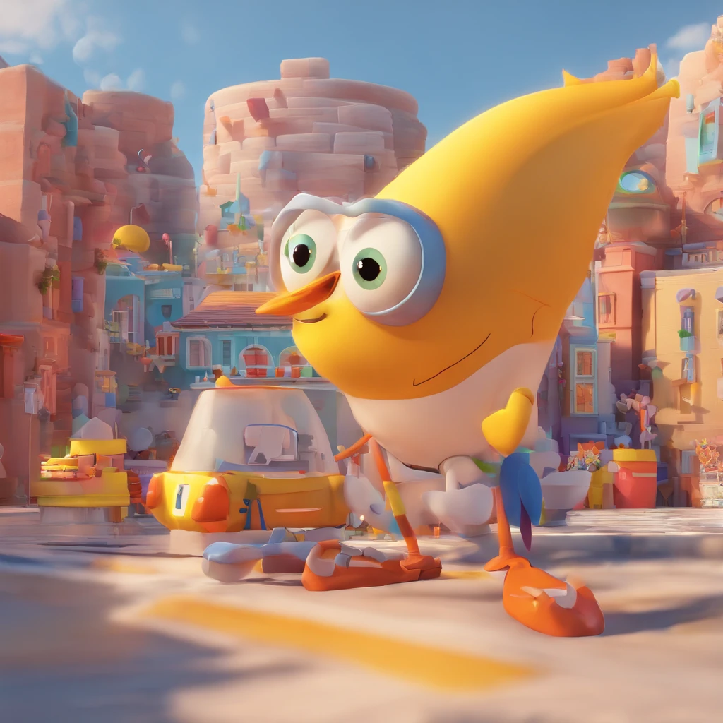 Criar um personagem no estilo Pixar. Trata-se de um homem de 30 anos, com barba, Branco, com cabelos castanhos curtos e um quiff, e olhos castanhos. Ele deve estar na frente de um computador, Trabalhar como designer
