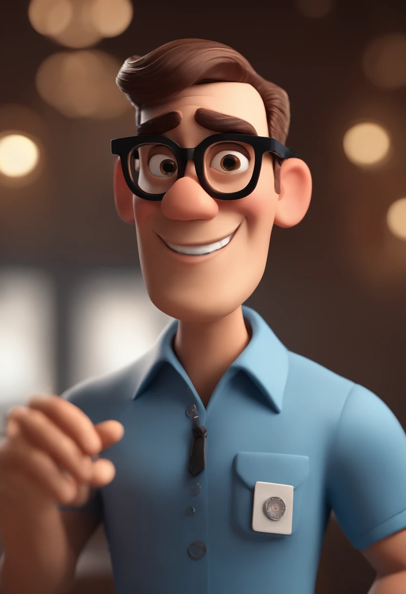 Cartoon character of a man with black glasses and a blue shirt, animation character, Caractere estilizado, animation style rendering, 3D estilizado, Arnold Maya render, 3 d render stylized, toon render keyshot, Personagem 3D, Personagem 3D, 3d rendering stylized, 3 d character render, personagem de desenho animado, Personagem de close up, Pose de personagem, (Estilo Pixar) (master part:1.2) (Bokeh) (best quality) (pele detalhada) (textura detalhada) (8k) (argila) (Cinematic lighting) (foco nítido
