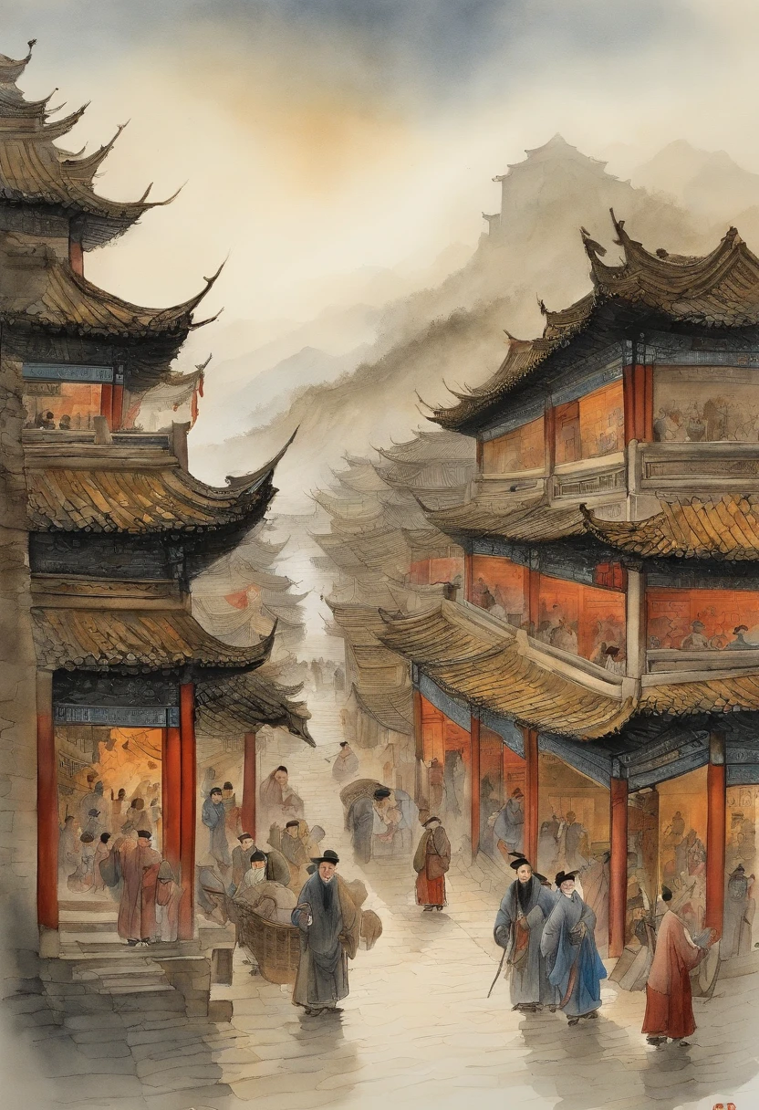 Ming Dynasty folk street scene，There was a bustling crowd，There are shops that sell things，in a panoramic view，Warm tones，ancient wind，Similar to the Qingming upper river map