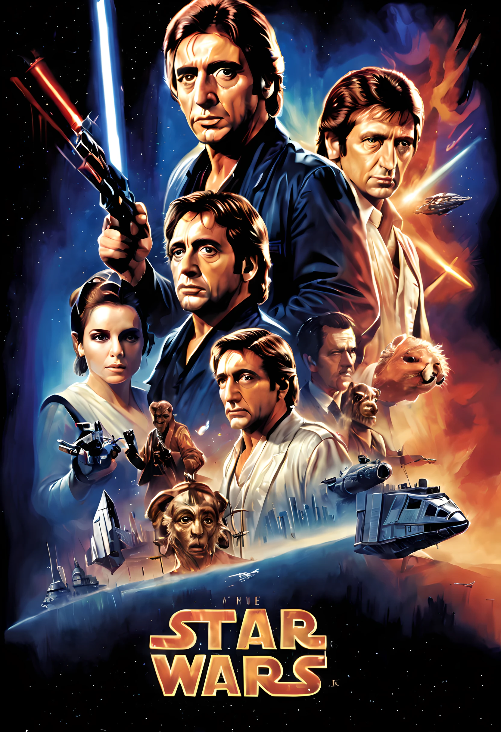 (The movie poster of star wars:1.5), (movie poster style illustration:1.5), (movie title:1.5), (logo:1.5), (sproncer's logo:1.5), (texe:1.5), ((text:2)), (title:1.5), (Movie of Al Pacino and Robert De Niro:1.5), (starring Al Pacino and Robert De Niro:1.5),