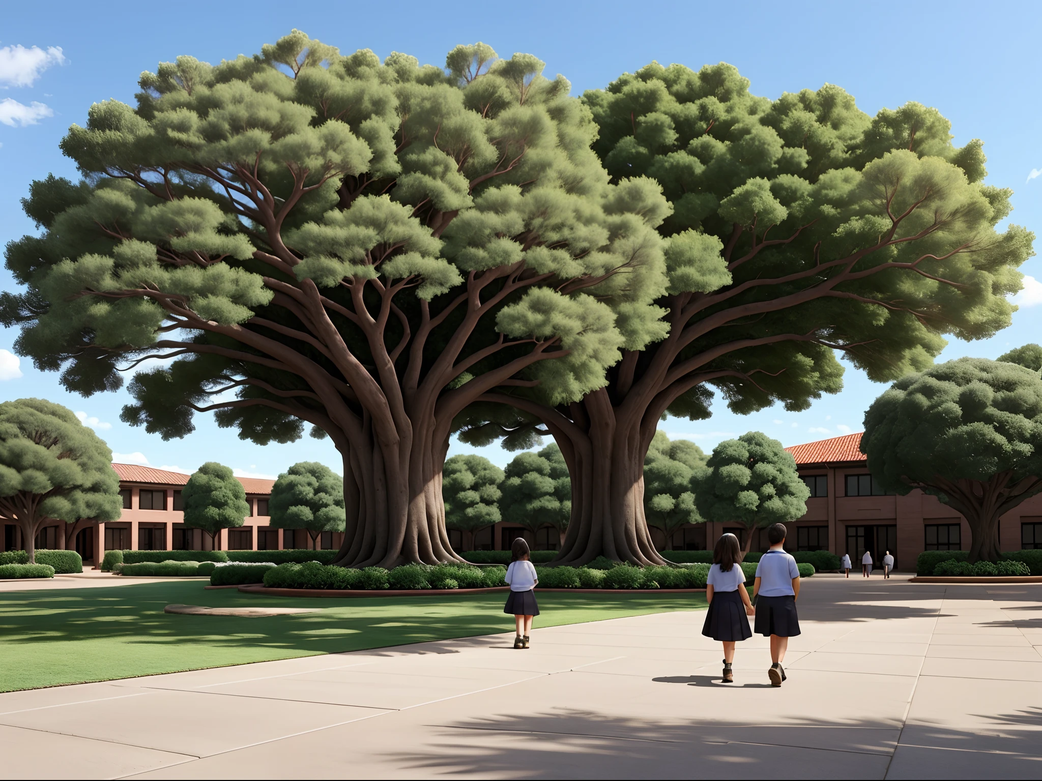 there are people walking around a courtyard under one large tree, 1 huge central tree, 1 central tree, school courtyard, ground - level view, ground-level view, massive trees with warm windows, centre image, an enormous silver tree, photo taken from the ground, student, large tree, huge ficus macrophylla, ground level view, view from ground level, big tree