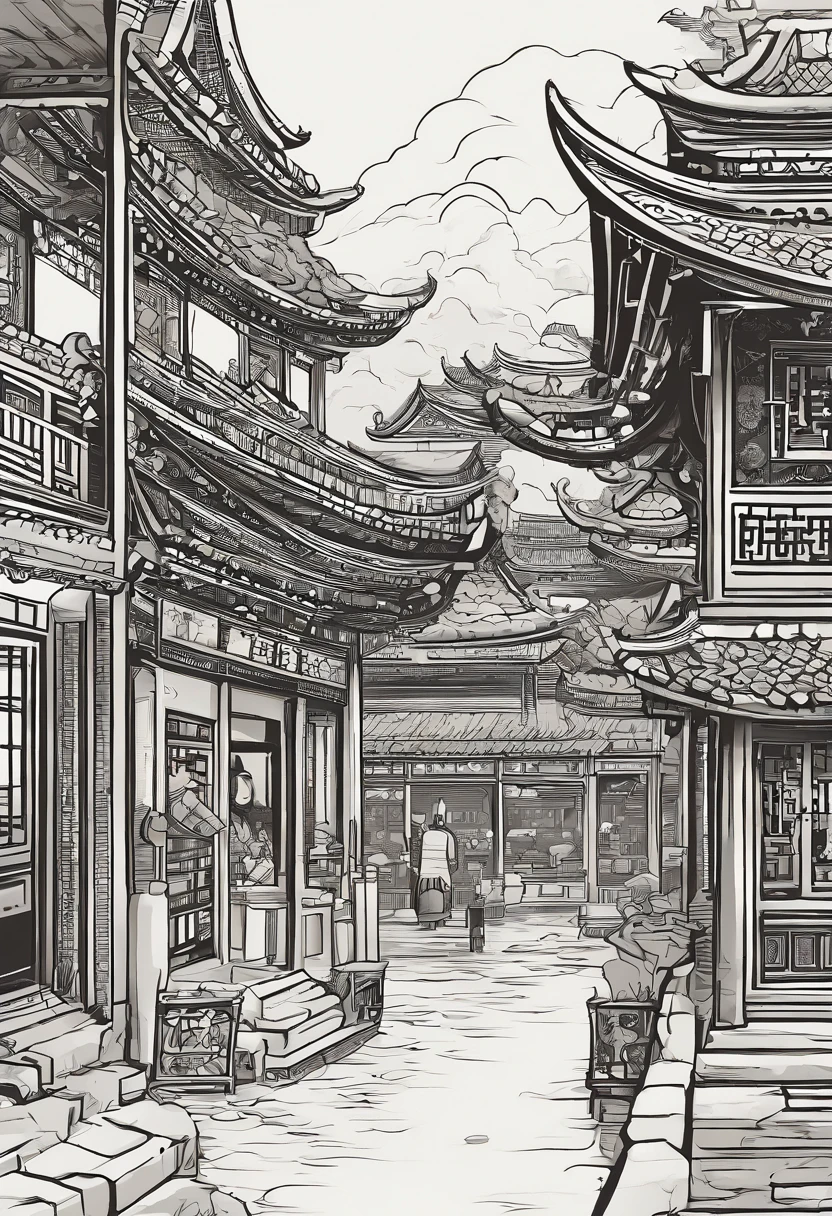 Ming Dynasty folk street scene，There was a bustling crowd，There are shops that sell things，in a panoramic view，Warm tones，ancient wind，Similar to the Qingming upper river map