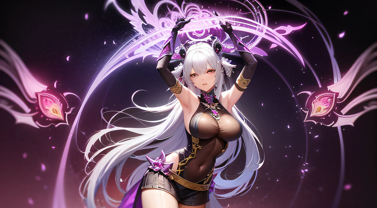 there is a woman in a purple outfit posing for a picture, lineage 2 revolution style, from ncsoft, <mmorpgs scene, spellcasting pose, sharp silver armor fuchsia skin, female character, full body xianxia, evil pose, badass pose, style game square enix, new character, korean mmo, attack pose, mechanic punk outfit