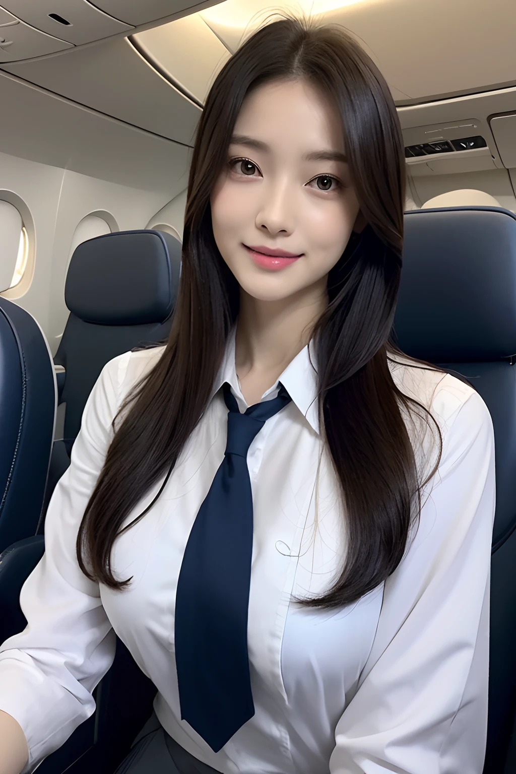 top-quality, masterpiece, 8K, 超A high resolution, (Photorealsitic:1.4), 1girl in、beautiful countenance、symmetrical eye、huge tit、Perfect body proportion、stewardess uniform、huge tit、Unbutton the chest、Look at viewers、(Inside the plane:1.2)、front-facing view、long legged(1.3)、