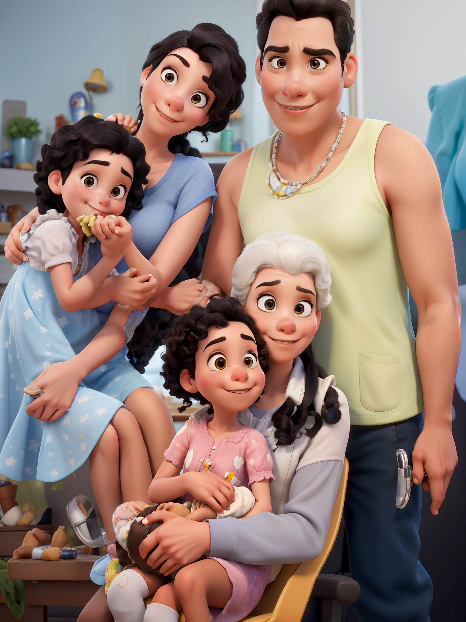 Obra-prima ao estilo Disney/Pixar in high quality and high resolution. The woman in front is a brunette lady with white hair with a child on her lap of hair care, the man has black hair. A brunette teenage girl with long black curly hair and a toddler on her lap with straight black hair