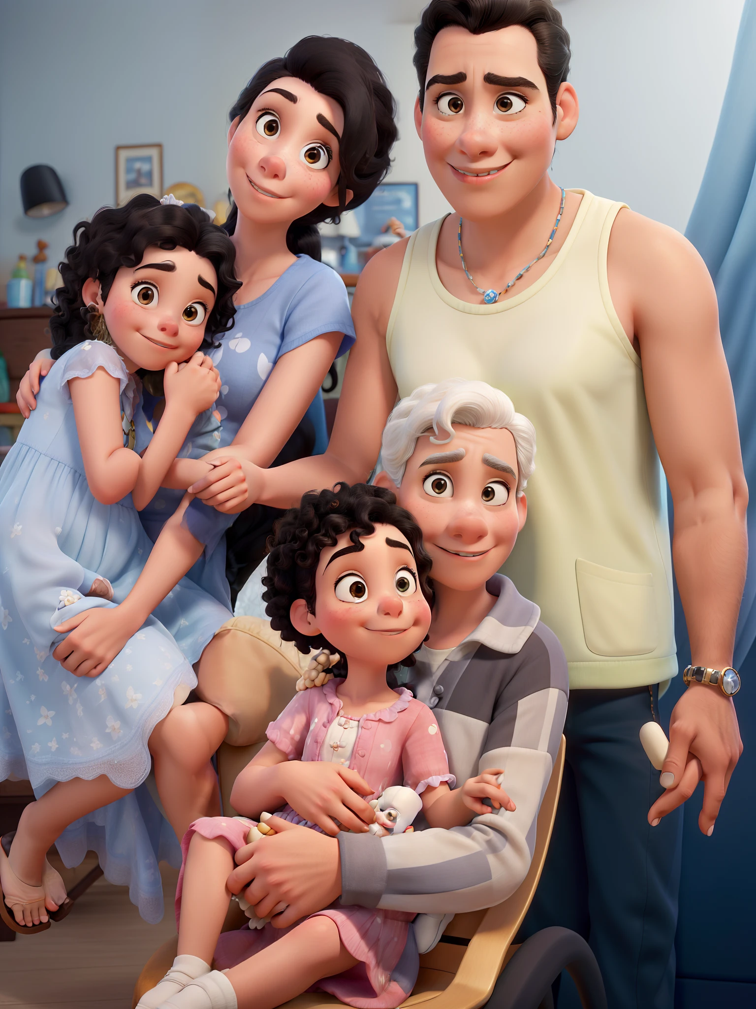 Obra-prima ao estilo Disney/Pixar in high quality and high resolution. The woman in front is a brunette lady with white hair with a child on her lap of hair care, the man has black hair. A brunette teenage girl with long black curly hair and a toddler on her lap with straight black hair