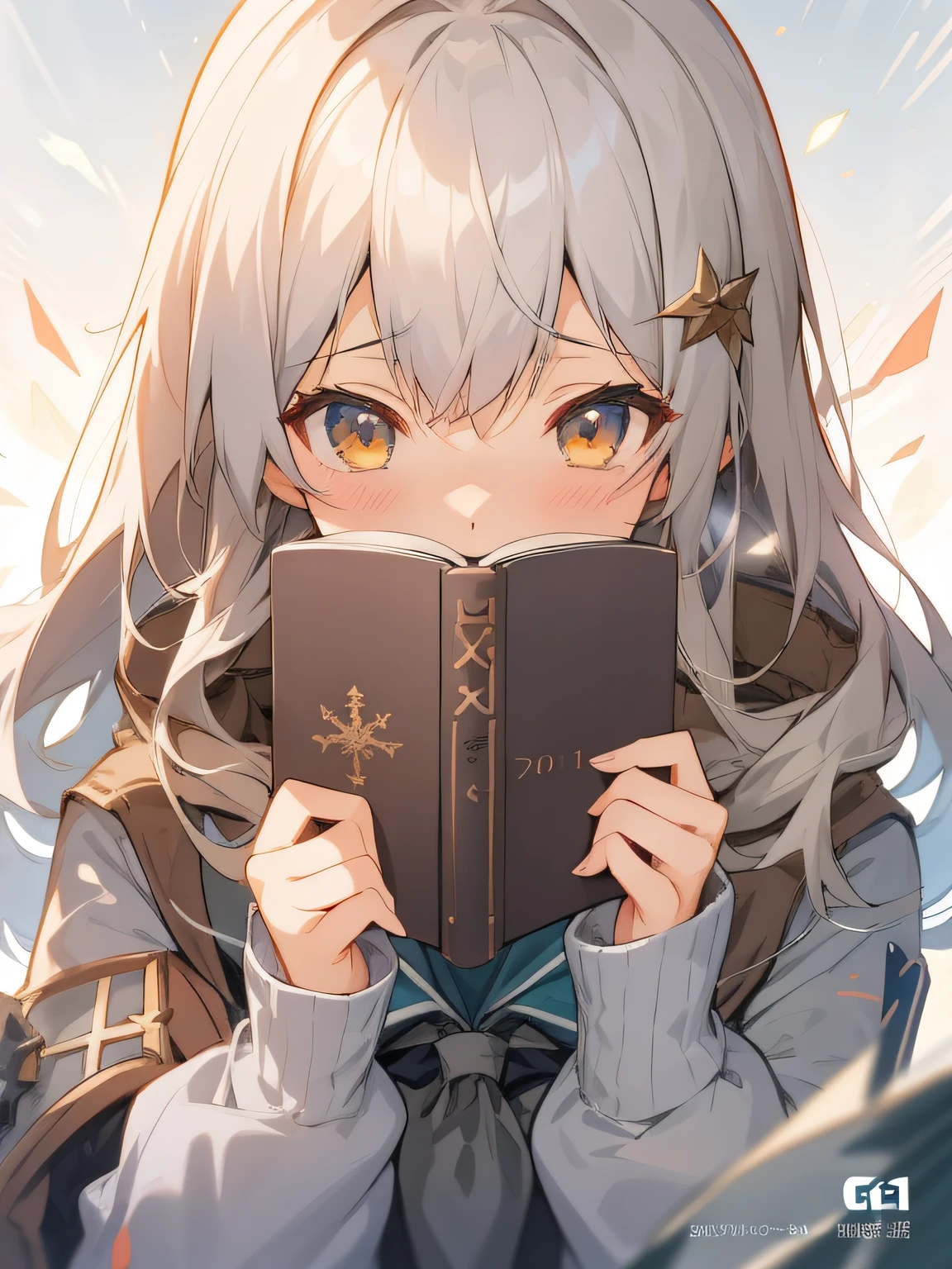 Anime girl holding a book, shyexpression，Shy，anime visual of a cute girl, JK clothing, Anime moe art style, Holding a book, 、, light novel cover art, Kantai collection style,  CG, pixiv daily ranking, isekai manga panel, girls frontline universe, Fine details.