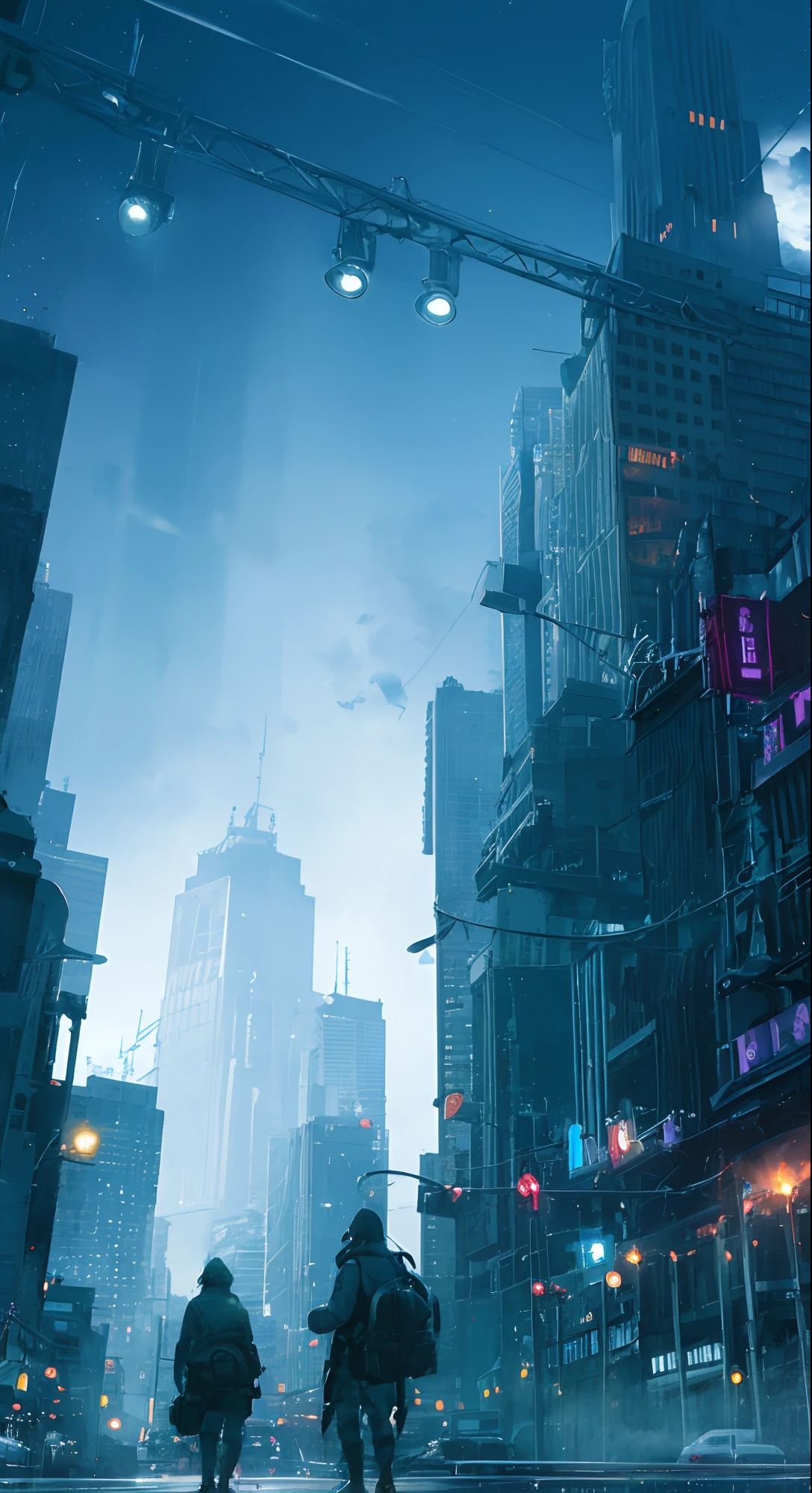 city from a corner, virus struck city, pandemic, empty streets, night, buildings, hoardings, sorrow and sadness, big screens on the buildings, cameras and speakers on the street lights, electric poles, chromatic abberation, soft lighting, small details, oil painting, night, full moon, moonlight, dark theme, dark green filter, city covered in thick Fogg, dark sky, night sky, no clouds, ultra HD, hyper realistic