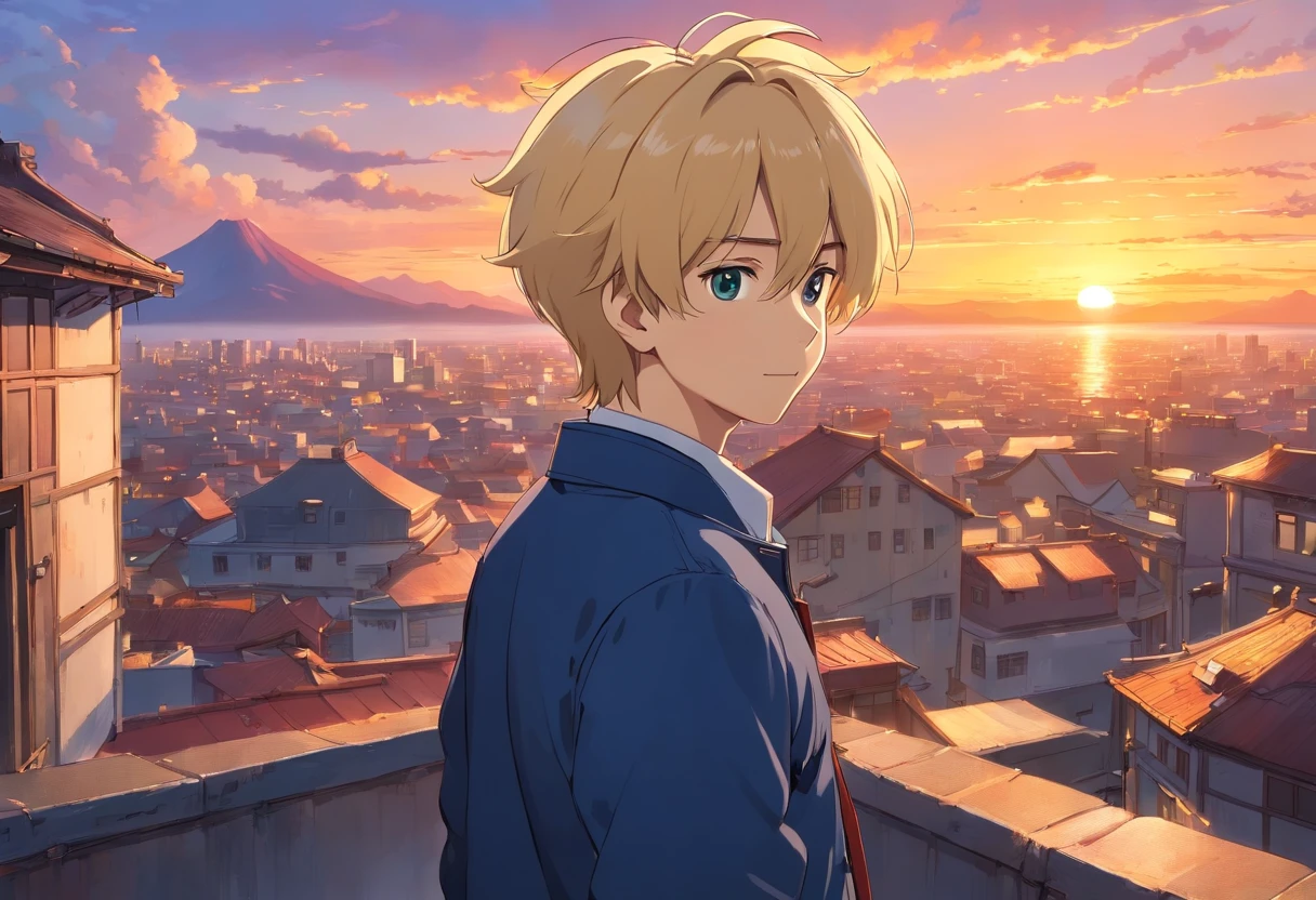 Young Japanese anime boy with blonde hair, dark blue easy jacket, white shirt, beard, rooftop of a building with sunset view