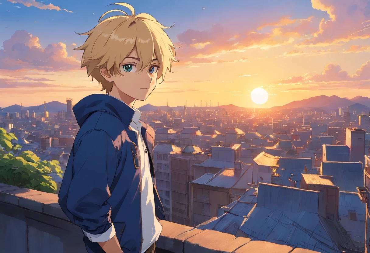 Young Japanese anime boy with blonde hair, dark blue easy jacket, white shirt, beard, rooftop of a building with sunset view