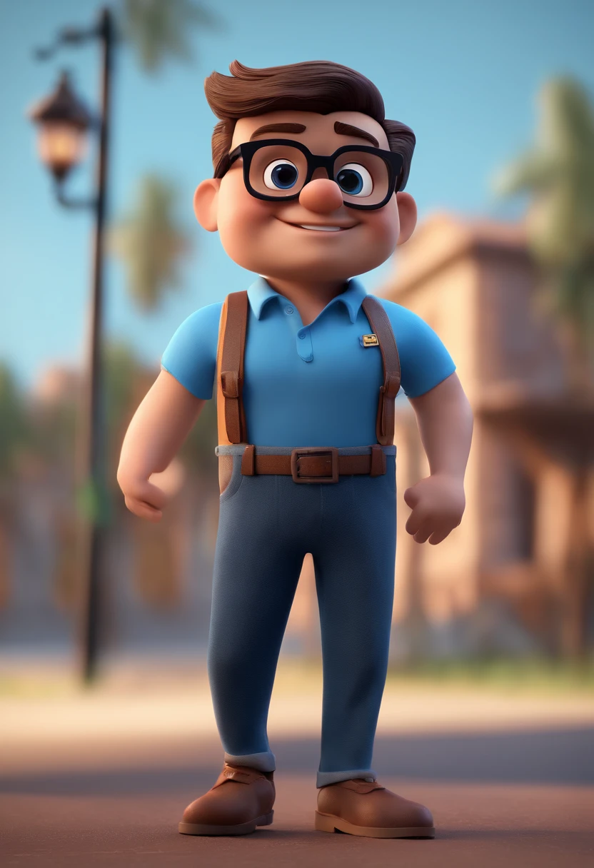 Cartoon character of a man with black glasses and a blue shirt, animation character, Caractere estilizado, animation style rendering, 3D estilizado, Arnold Maya render, 3 d render stylized, toon render keyshot, Personagem 3D, Personagem 3D, 3d rendering stylized, 3 d character render, personagem de desenho animado, Personagem de close up, Pose de personagem,  (Estilo Pixar) (master part:1.2) (Bokeh) (best quality) (pele detalhada) (textura detalhada) (8k) (argila) (Cinematic lighting) (foco nítido