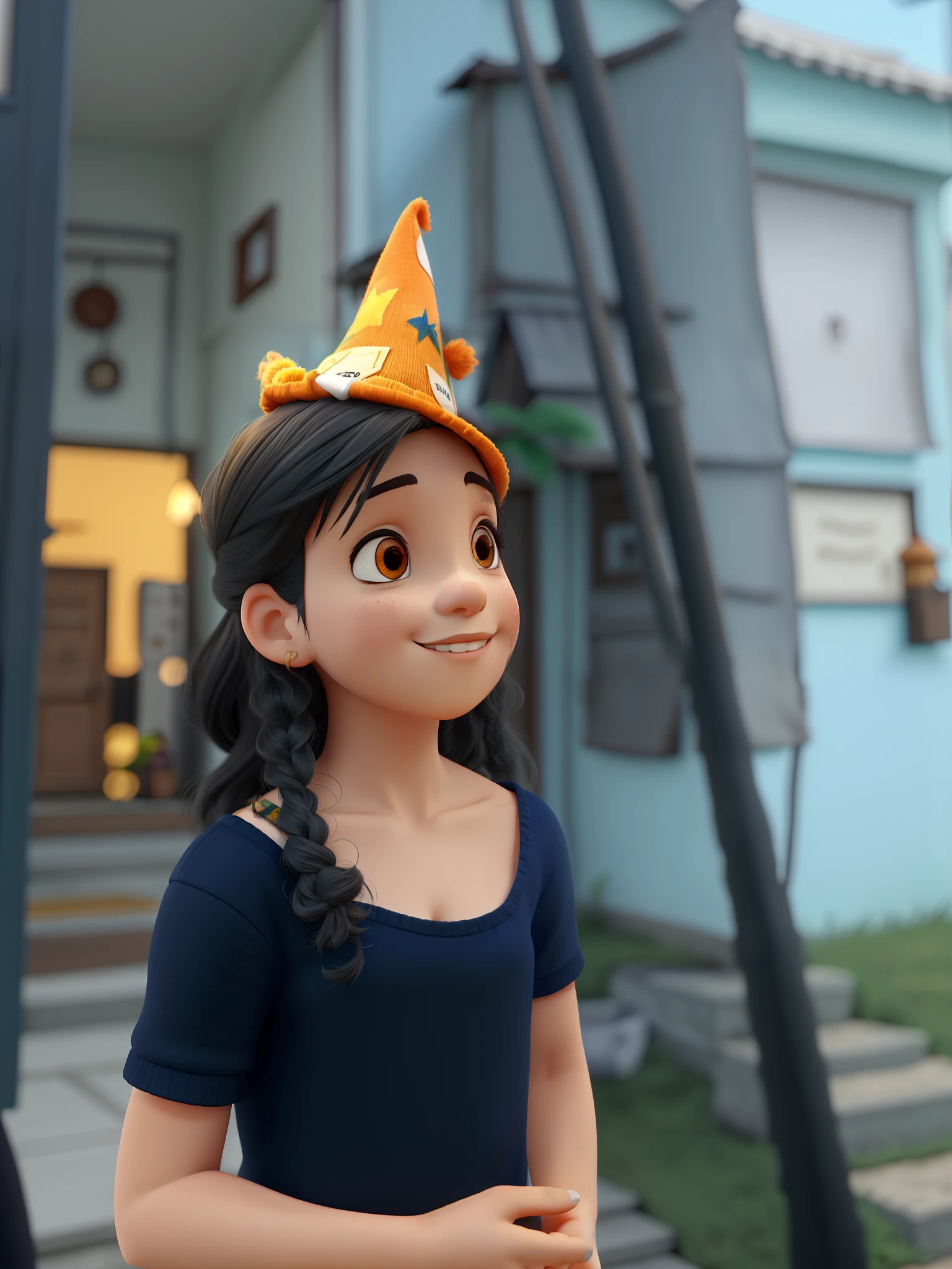 Menina brasileira, cabelo castanho escuro e cacacheado. With small orange witch hat in front of a blurred house