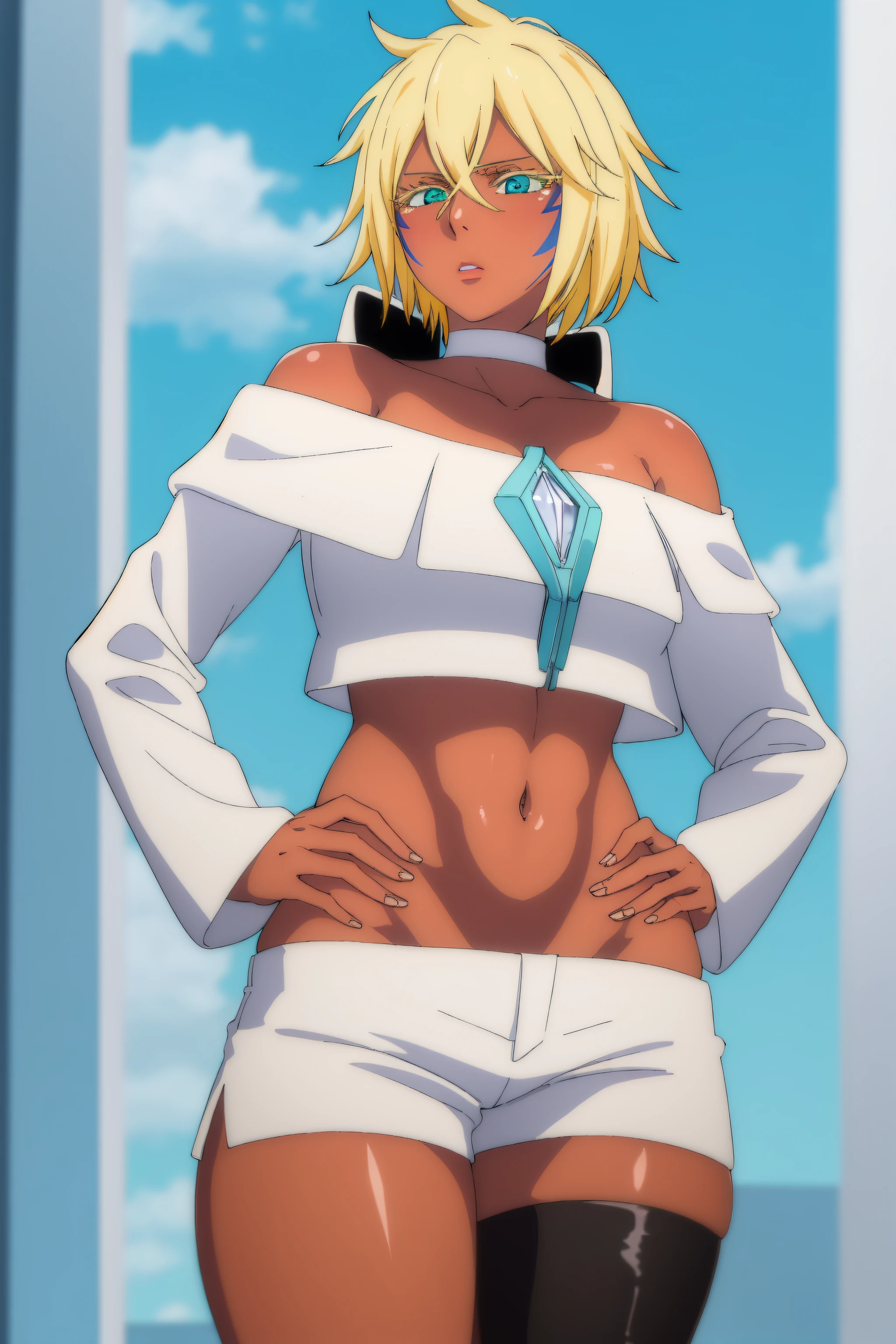 halibeltier, halibel tier, short hair, blonde hair, green eyes, dark skin, dark-skinned female, facial mark,
BREAK black choker, off shoulder, cropped jacket, white jacket, long sleeves, midriff, belt, black shorts, short shorts, single thighhigh, fishnets,
BREAK outdoors,
BREAK looking at viewer, (cowboy shot:1.5),pose, hand on hip,
BREAK (masterpiece:1.2), best quality, high resolution,NSFW ,unity 8k wallpaper, (illustration:0.8), (beautiful detailed eyes:1.6), extremely detailed face, perfect lighting, extremely detailed CG, (perfect hands, perfect anatomy),