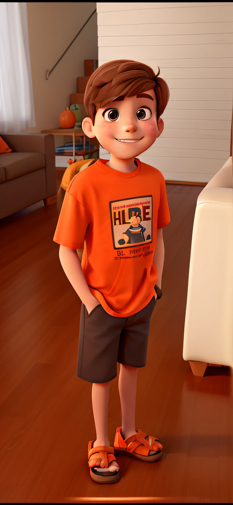 A boy with straight, light brown hair, wearing an orange t-shirt, standing in the living room with his hands in his pockets, smiling shyly and wearing flip-flops
