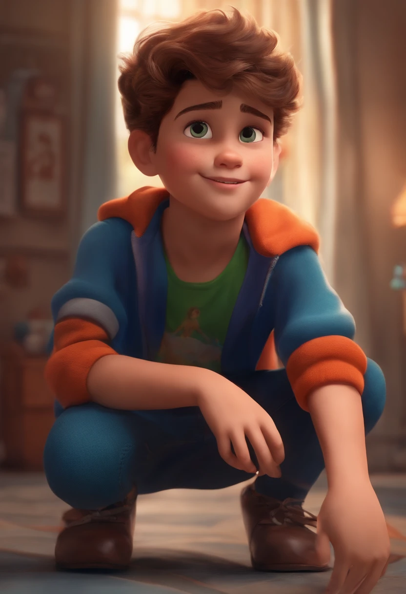 Image of a boy for a story in a YouTube video in Pixar format, He's the  allabester, He's the class leader, He's outgoing, Playful and gets up for a lot of things, cabelo curto