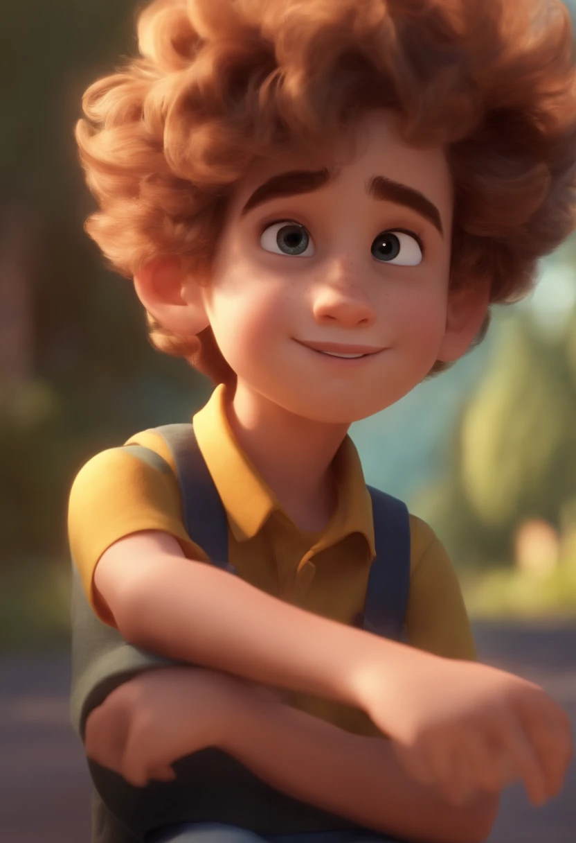 Image of a boy for a story in a YouTube video in Pixar format, He's the allabester, He's the class leader, He's outgoing, Playful and gets up for a lot of things, cabelo curto