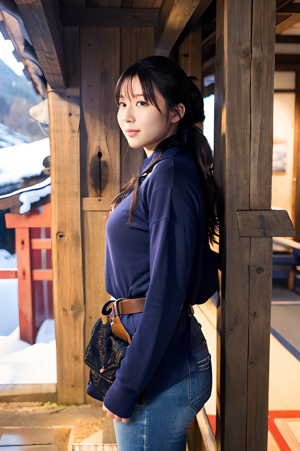 (Best Quality,8K,nffsw:1.2),cowboy shot,(Cute Japan girl with curvaceous beauty)、Long hair, Bangs, french braids, The thinnest waist, Fit chest, curvy accentuated booty, Sparkling eyes, long eyelashes, thick thighs, Strong calves, Shy look, Tania Ayusilegar, Wearing a dark blue hoodie, Black jeans, Belt bag, Red sneakers, Leaning against the railing of the veranda of a small mountain hut, winter night, Snow on background, Photorealistic, masutepiece, Bokeh, Volumetric lighting, winter atmosphere, Shot from the side of the whole body