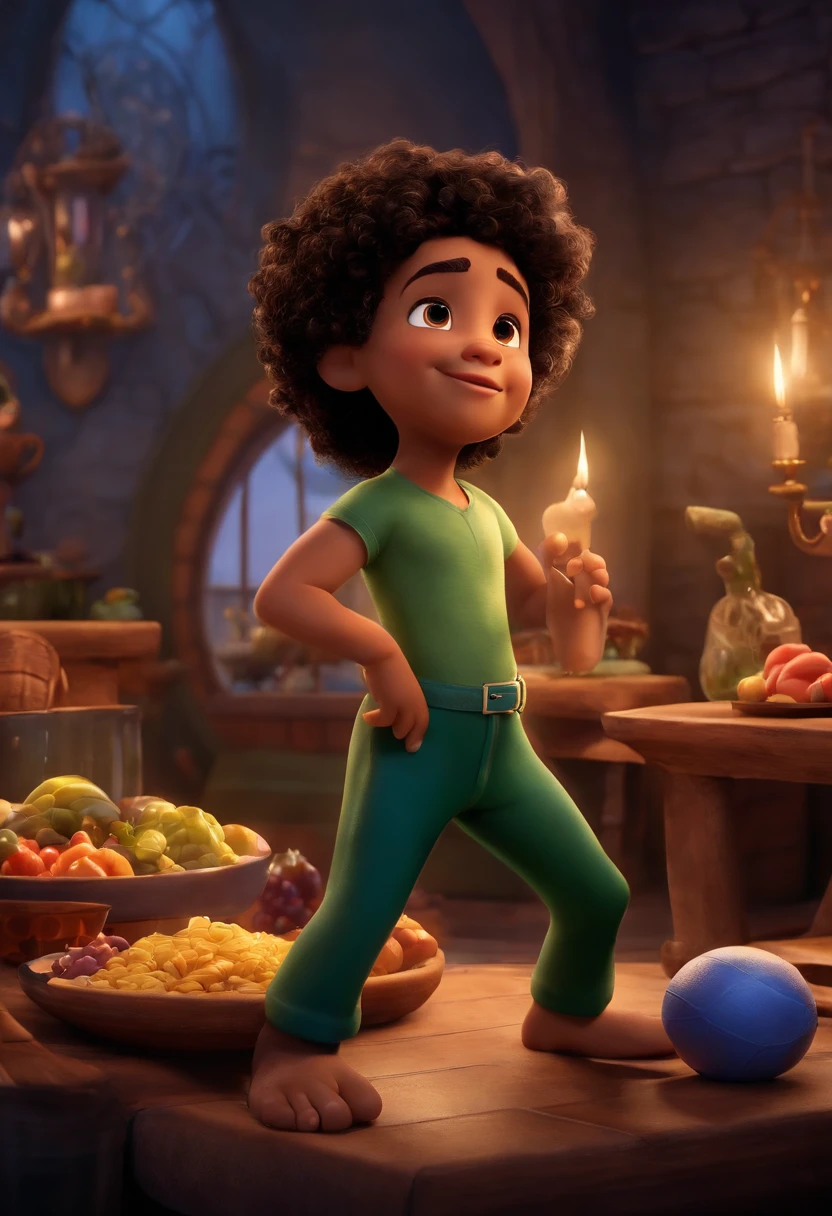 poster 3D inspirado na Disney/Pixar capturando uma cena com um garoto de 15 anos,negro,gordinho,cabelo cacheado/Curly with dedoliss finish with gym bottom
