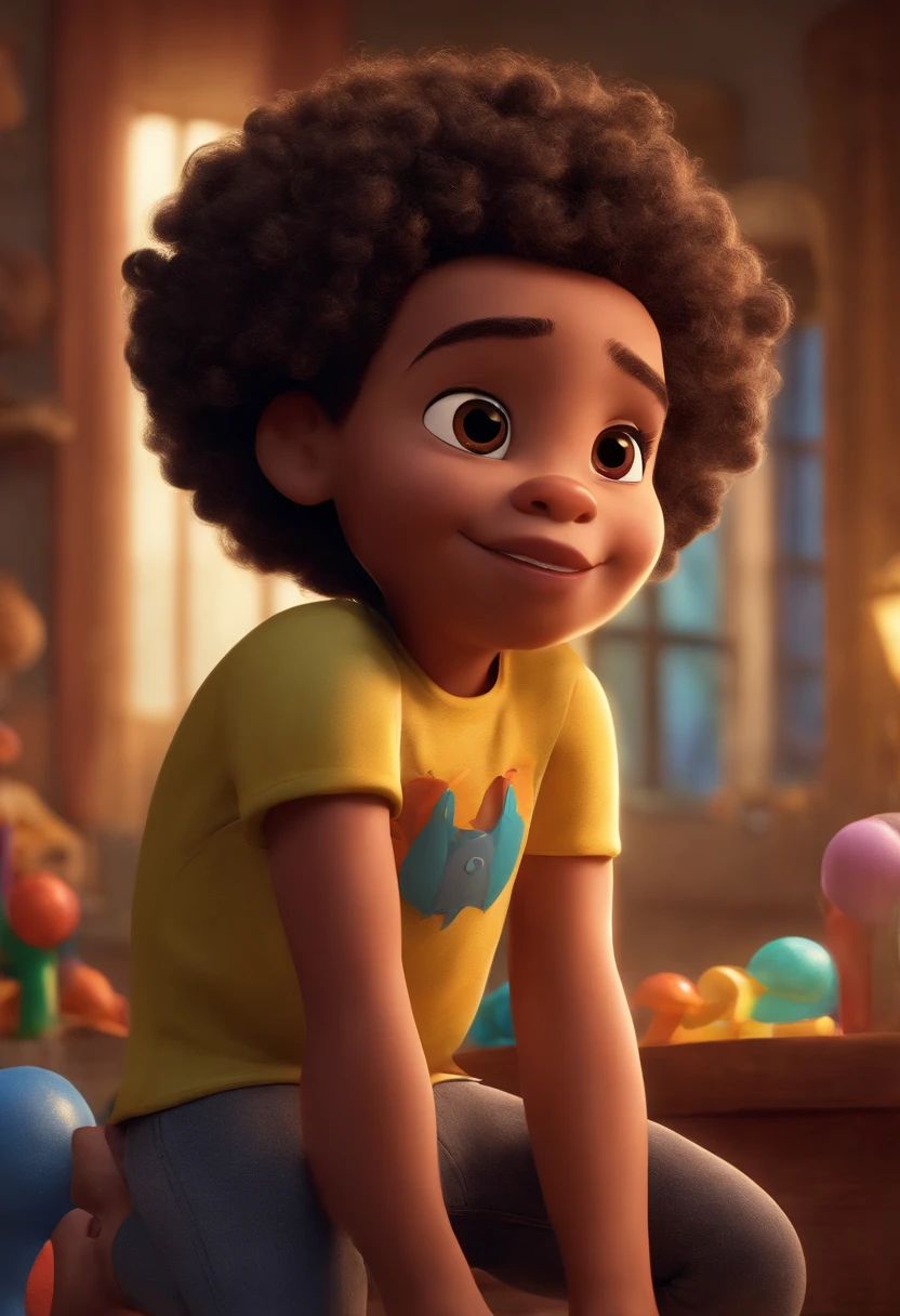 poster 3D inspirado na Disney/Pixar capturando uma cena com um garoto de 15 anos,negro,gordinho,cabelo cacheado/Curly with dedoliss finish with gym bottom