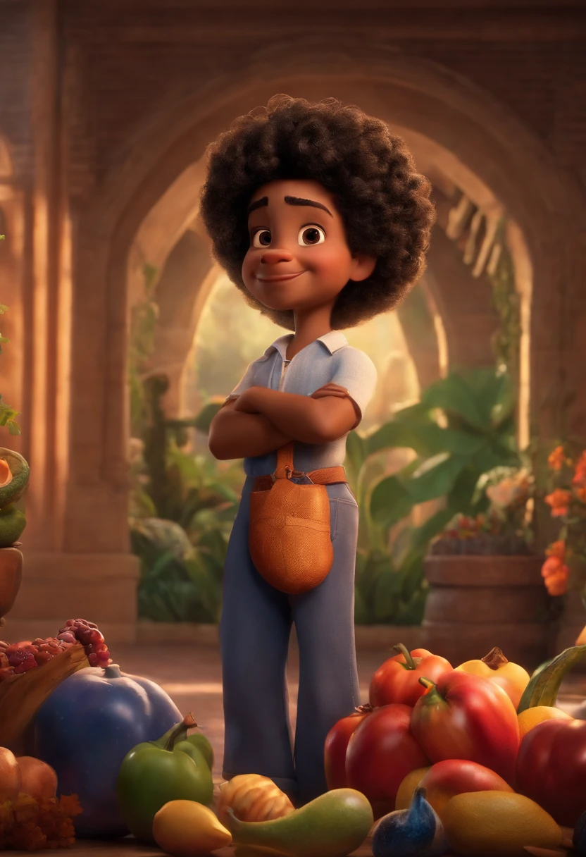 poster 3D inspirado na Disney/Pixar capturando uma cena com um garoto de 15 anos,negro,gordinho,cabelo cacheado/Curly with dedoliss finish with gym bottom