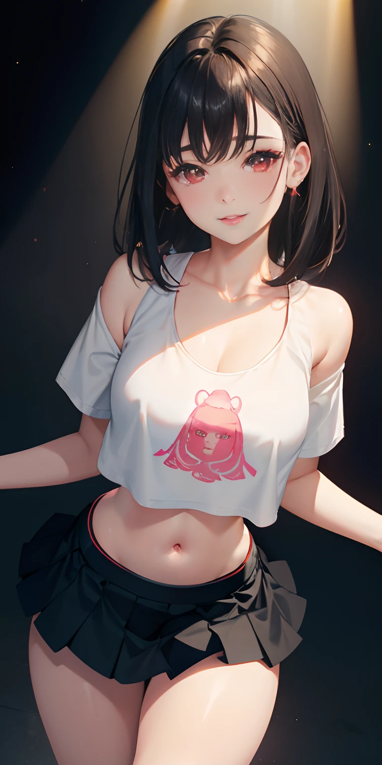 1girl, parted lips, blush, makeup, light smile, black hair, red eyes, crop top, skirt, light rays, glow, thighs, collarbone, narrow waist, (masterpiece), wallpaper,