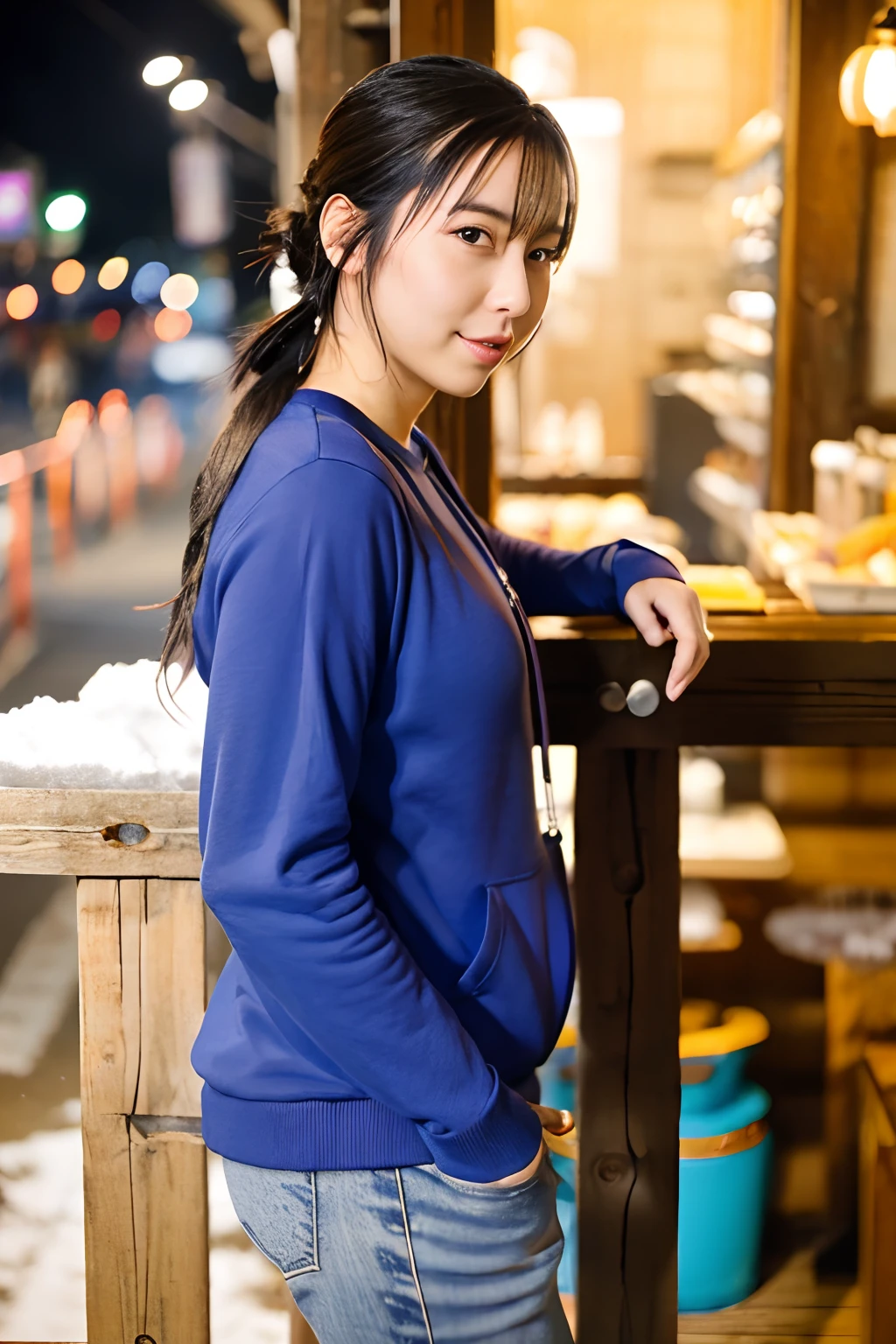 (Best Quality,8K,nffsw:1.2),cowboy shot,(Cute Japan girl with curvaceous beauty)、Long hair, Bangs, french braids, The thinnest waist, Fit chest, curvy accentuated booty, Sparkling eyes, long eyelashes, thick thighs, Strong calves, Shy look, Tania Ayusilegar, Wearing a dark blue hoodie, Black jeans, Belt bag, Red sneakers, Leaning against the railing of the veranda of a small mountain hut, winter night, Snow on background, Photorealistic, masutepiece, Bokeh, Volumetric lighting, winter atmosphere, Shot from the side of the whole body