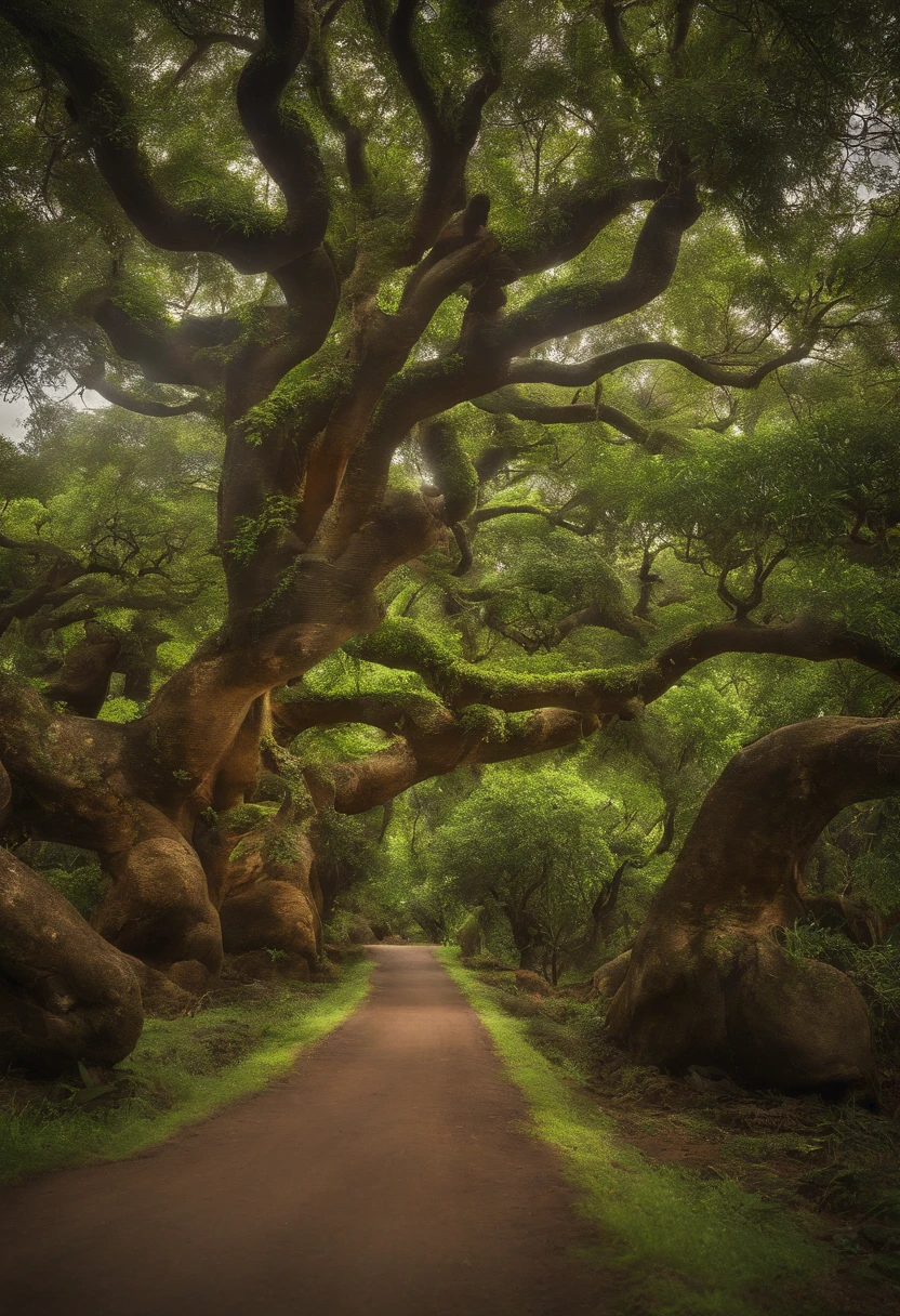 crie a imagem com muito verde, Cashew tree, estrada reta asfaltada