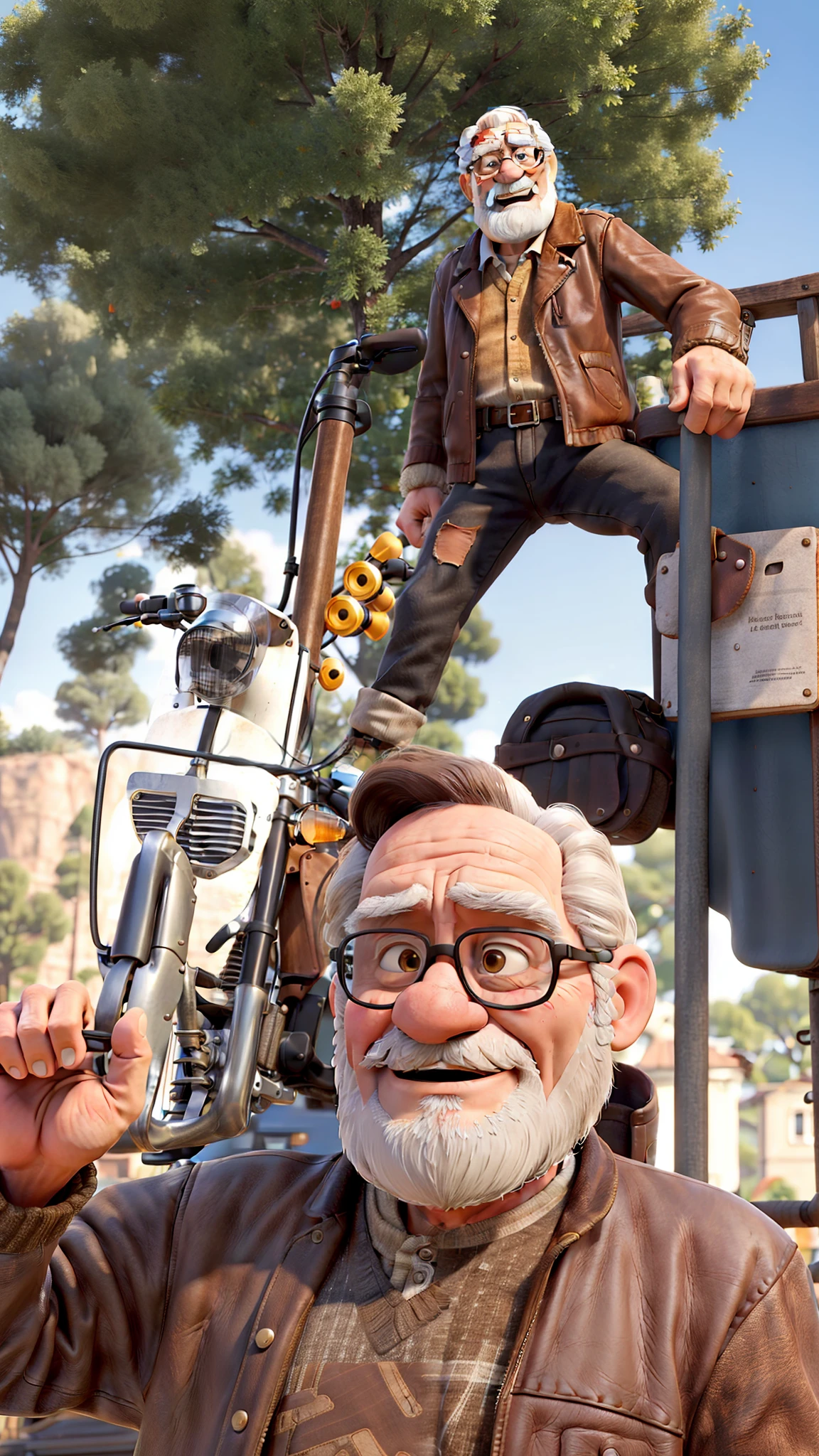 masterpiece, best quality, an old man with white beard and long brown hair, wearing a leather jacket and black jeans, standing beside his motorcycle