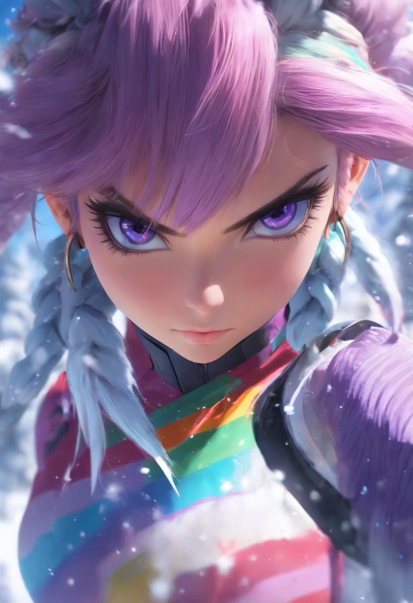 (Photo_(Medium):1.2), Antonio J. Manzanedo, Jeremy Lipking, 1girl in, Looking at the camera, (Facing the viewer:1.1), (Photorealistic:1.2), hyper realisitic, Photorealism, close-up, head and shoulder, Purple hair with rainbow stripes, Short hair, Ponytail, Bangs, Blue eyes, friendly, Eyelashes, Steampunk, Sleeveless, Subsurface skin scattering, snowy mountain background, symmetry, depth of fields, 8K, VFX, nffsw, nffsw