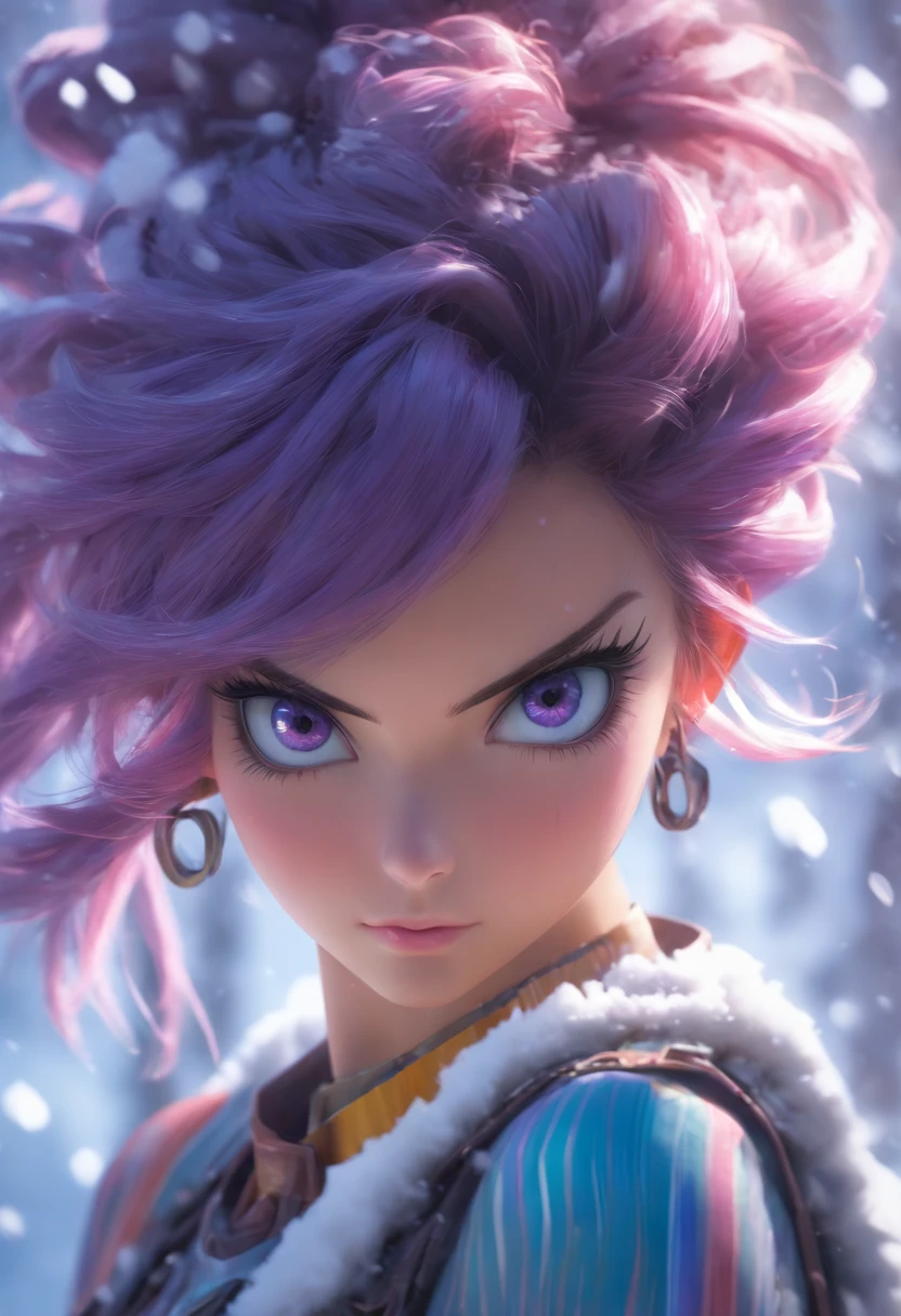 (Photo_(Medium):1.2), Antonio J. Manzanedo, Jeremy Lipking, 1girl in, Looking at the camera, (Facing the viewer:1.1), (Photorealistic:1.2), hyper realisitic, Photorealism, close-up, head and shoulder, Purple hair with rainbow stripes, Short hair, Ponytail, Bangs, Blue eyes, friendly, Eyelashes, Steampunk, Sleeveless, Subsurface skin scattering, snowy mountain background, symmetry, depth of fields, 8K, VFX, nffsw, nffsw