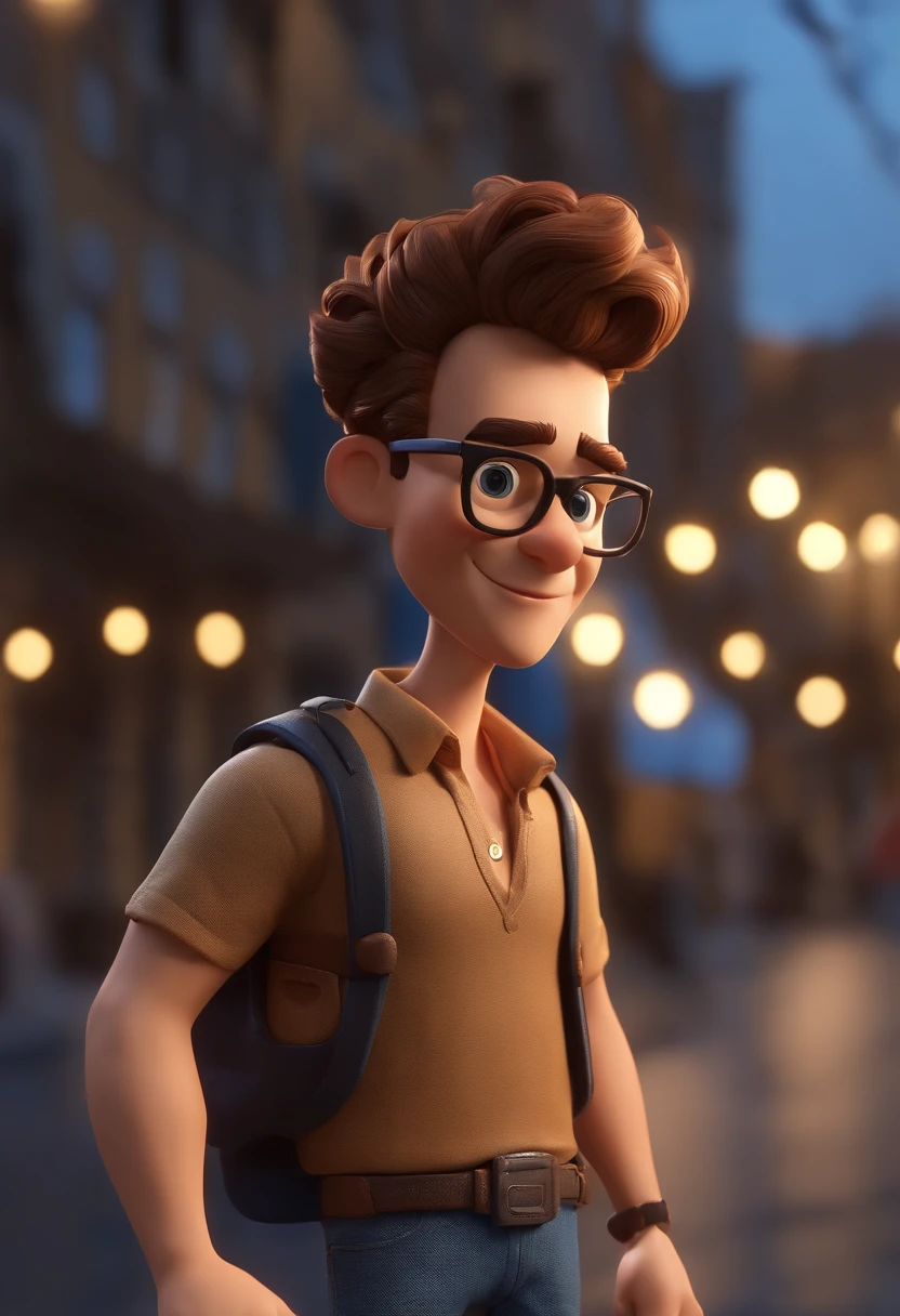 Cartoon character of a man with black glasses, cabelo cacheado marrom escuro e uma camisa azul, animation character, Caractere estilizado, animation style rendering, 3D estilizado, Arnold Maya render, 3 d render stylized, toon render keyshot, Personagem 3D, Personagem 3D, 3d rendering stylized, 3 d character render, personagem de desenho animado, Personagem de close up, Pose de personagem,  (Estilo Pixar) (master part:1.2) (Bokeh) (best quality) (pele detalhada) (textura detalhada) (8k) (argila) (Cinematic lighting) (foco nítido