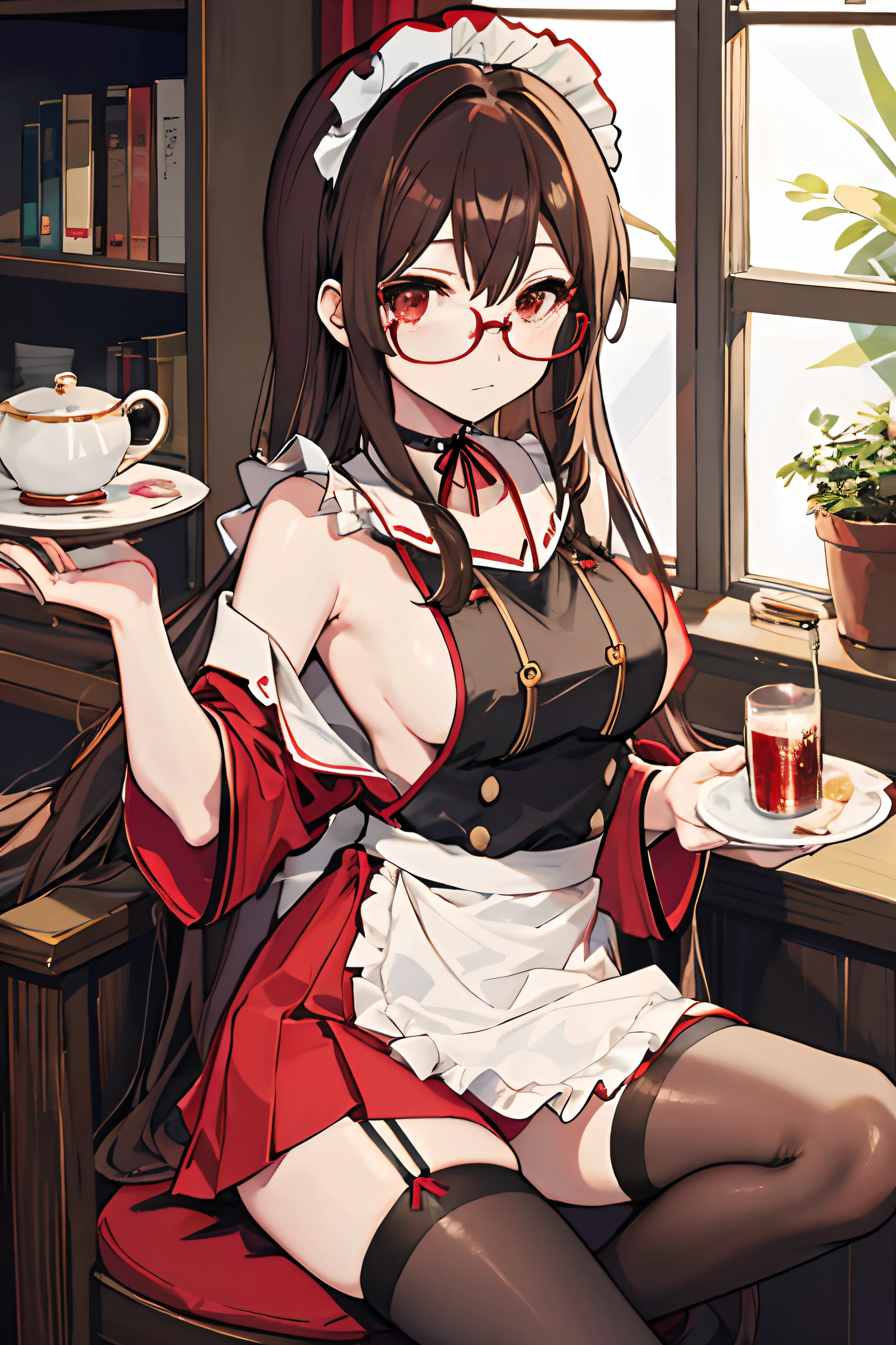 anime girl, brown hair, long hair, red glasses, maid uniform, thigh highs, choker, side boob window, holding a serving plate