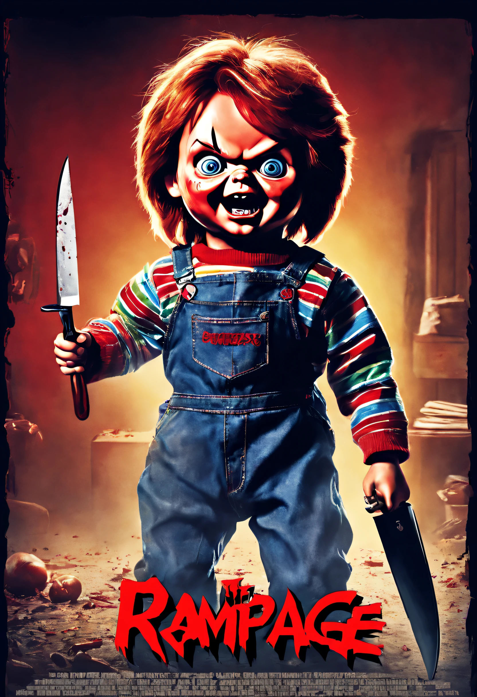 Horror movie poster, doll goes on a rampage with a knife, Chucky, horror taste, scary, scary, horror comedy, Child's Pl0's poster,