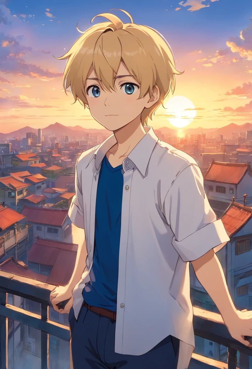 A short-haired Japanese anime boy with blond hair and a beard, wearing a dark blue set-up, white shirt, rooftop of a building with sunset view