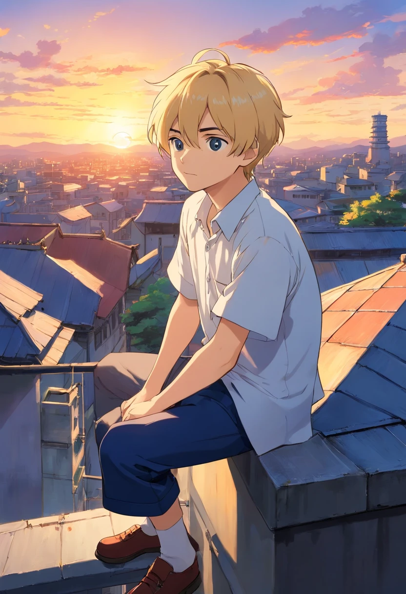A short-haired Japanese anime boy with blond hair and a beard, wearing a dark blue set-up, white shirt, rooftop of a building with sunset view