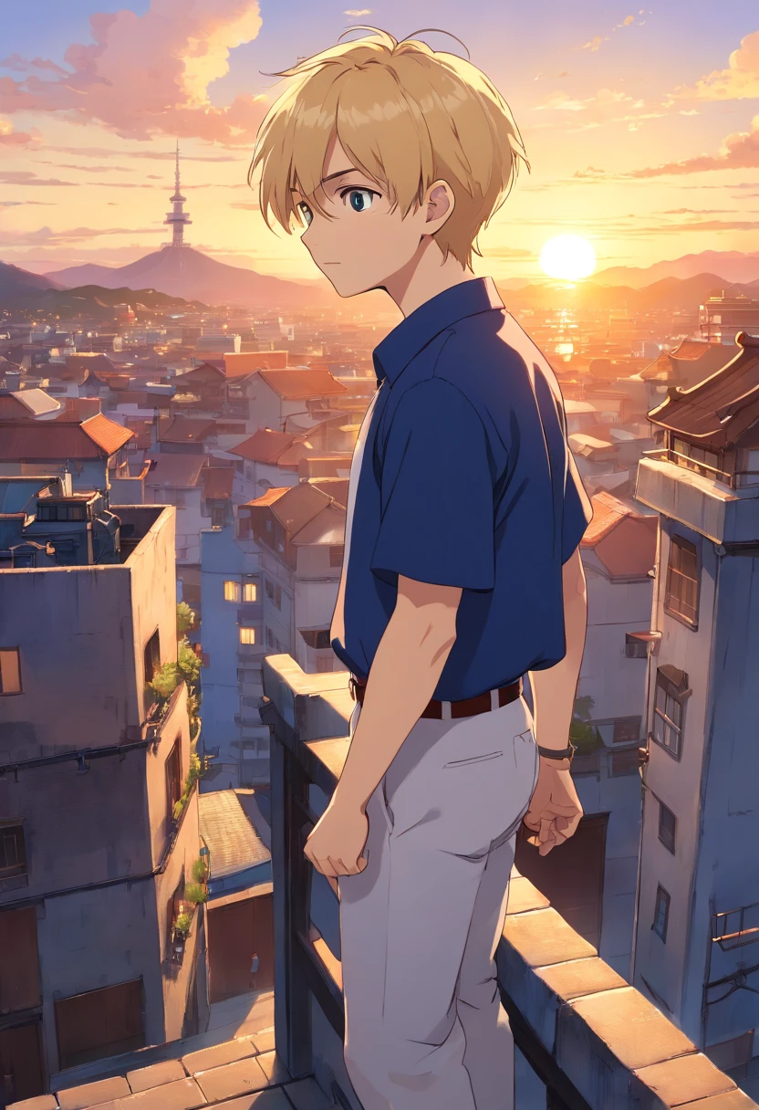 A short-haired Japanese anime boy with blond hair and a beard, wearing a dark blue set-up, white shirt, rooftop of a building with sunset view