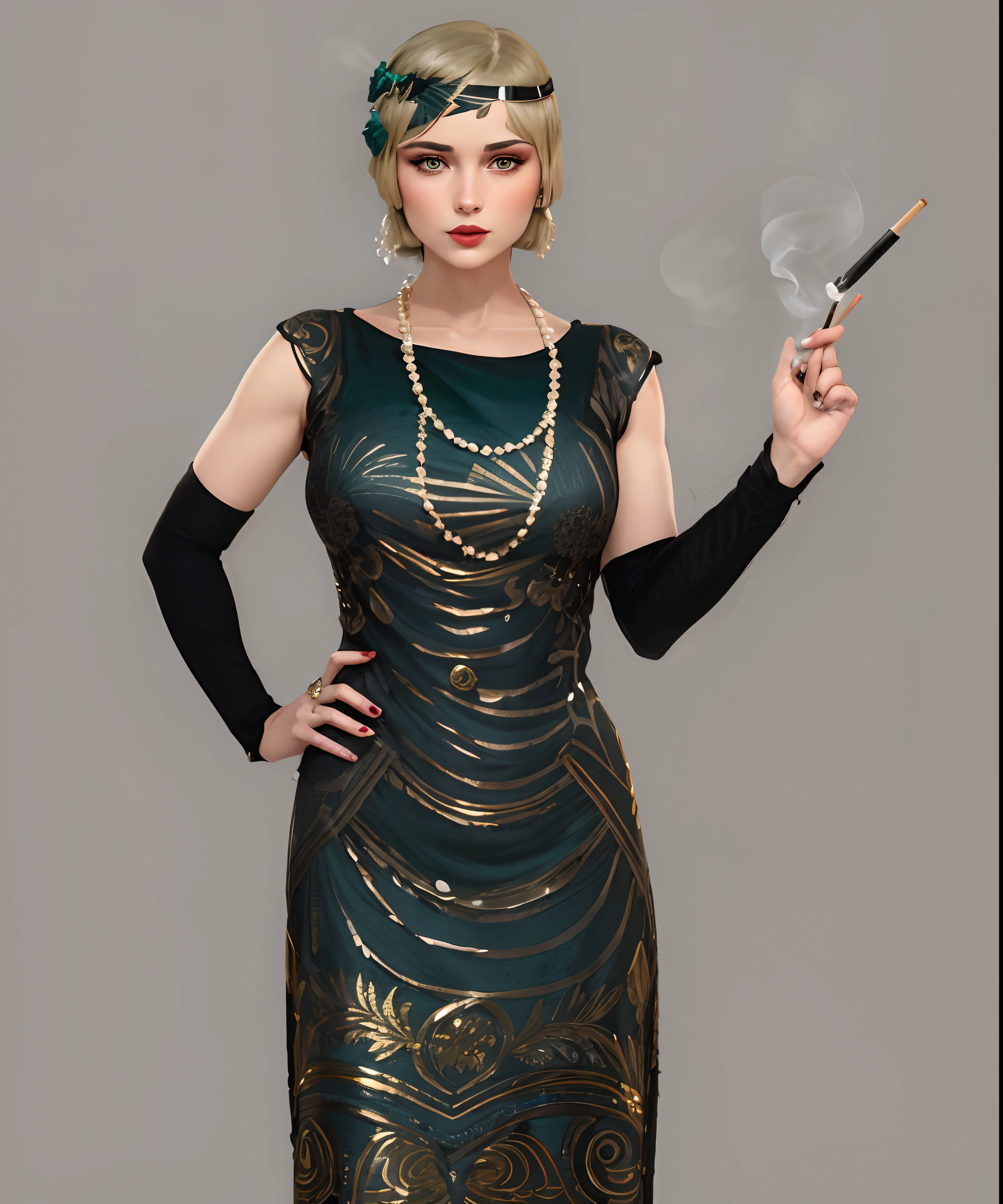 Alafi, in a flap dress, holds a cigarette, 1 9 2 0 s cloth style, 1 9 2 0 s cloth, 1920s atmosphere, 1 9 2 0 s clothes, flapper, she wears a dark green dress, 1 9 2 0 cloth style, Gold 1 9 2 0 seconds, 1920 style
