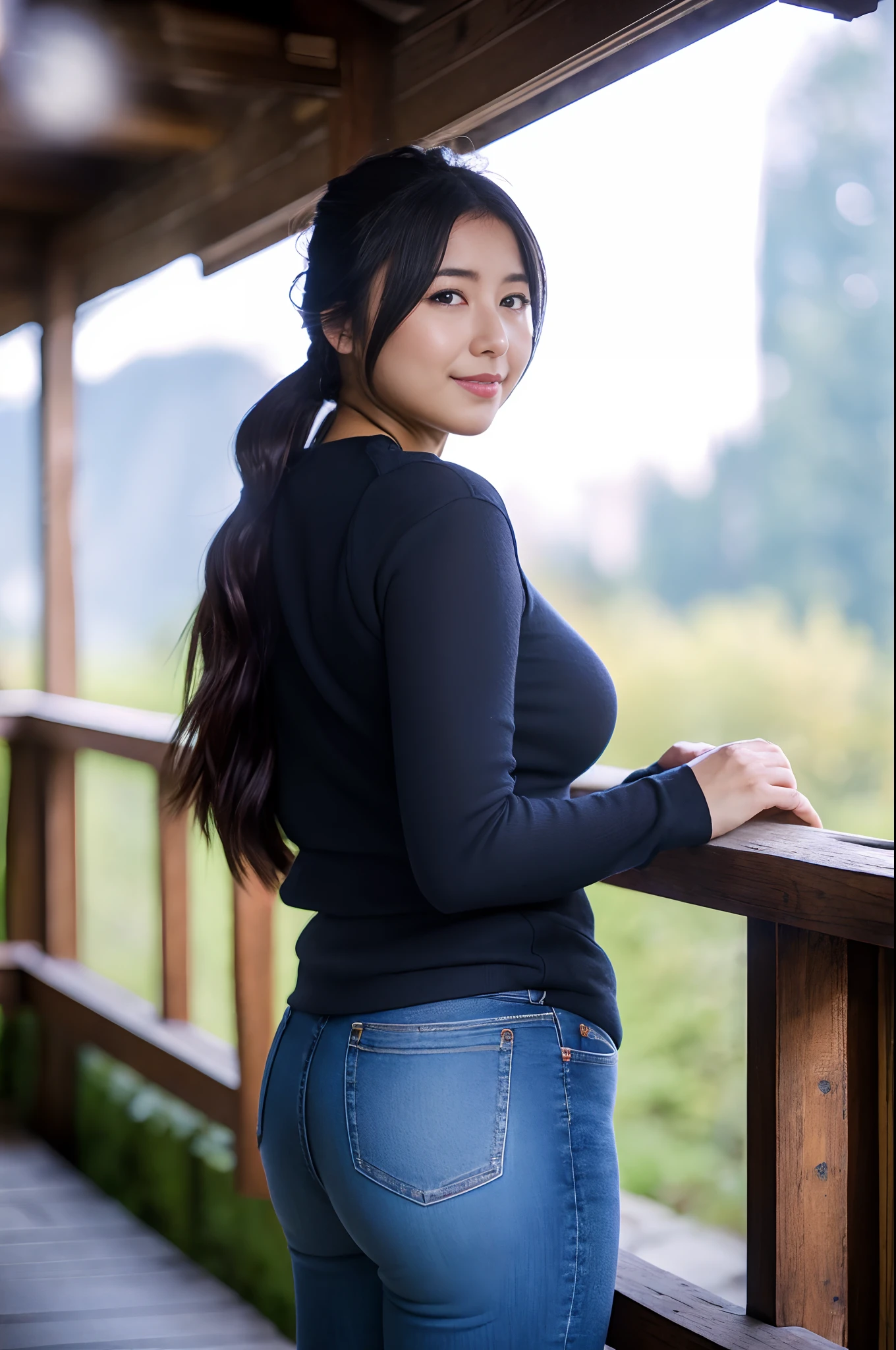 (Best Quality,8K,nffsw:1.2),cowboy shot,(Cute Japan girl with curvaceous beauty)、Long hair, Bangs, french braids, The thinnest waist, Fit chest, curvy accentuated booty, Sparkling eyes, long eyelashes, ((The thighs are thick enough)), Strong calves, Shy look, Tania Ayusilegar, Wearing a dark blue hoodie, Black jeans, Belt bag, Red sneakers, Leaning against the railing of the veranda of a small mountain hut, winter night, Snow on background, Photorealistic, masutepiece, Bokeh, Volumetric lighting, winter atmosphere, Shot from the side of the whole body