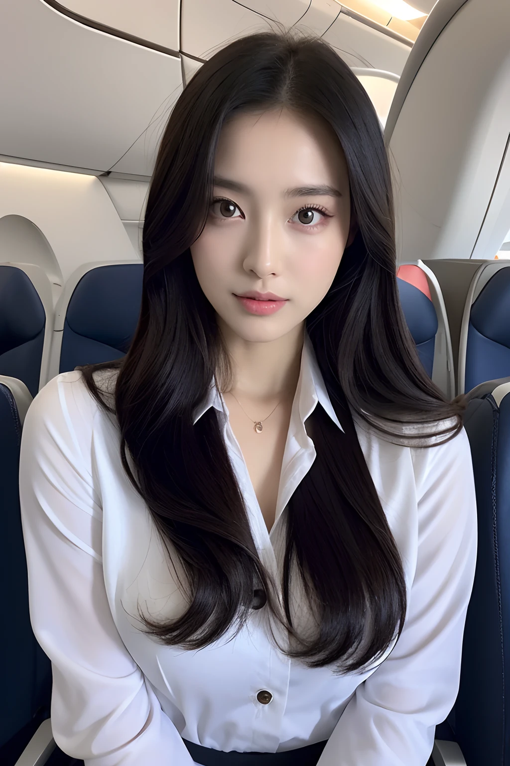 top-quality, masterpiece, 8K, 超A high resolution, (Photorealsitic:1.4), 1girl in、beautiful countenance、symmetrical eye、Colossal tits、Perfect body proportion、Stewardess uniform、Colossal tits、Unbutton the chest、Look at viewers、(Inside the plane:1.2)、front-facing view、long legged(1.3)、