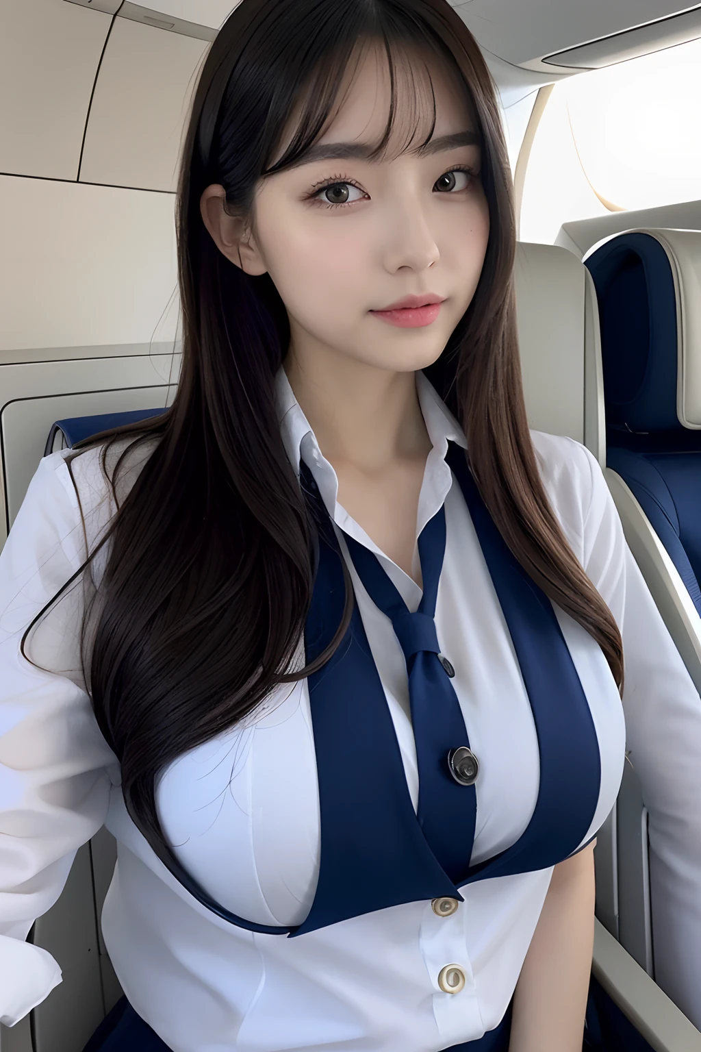 ((飛行機内ビジネスクラスのflight attendant席))、18-year-old、Beauty、one person、flight attendant、Cabin attendant、stewardess、outstanding style、semi-long、straight、brown hair、(seductive big breasts:1.3)、(((Realistic uniforms)))、((Stylish striped square scarf))、(Close-fitting clothing)、(detailed hands:1.3)、detailed face、perfect anatomy、((underwear can be seen through the skirt:1.5))、(Her bra is faintly visible through her clothes)、(Brighten the contrast of shadows)、(face lighting)、(nffsw++:1.10)、(ultra high resolution)、(highest quality)、(Improvement of quality)、(super detailed)、(accurate color)、(Photoreal)